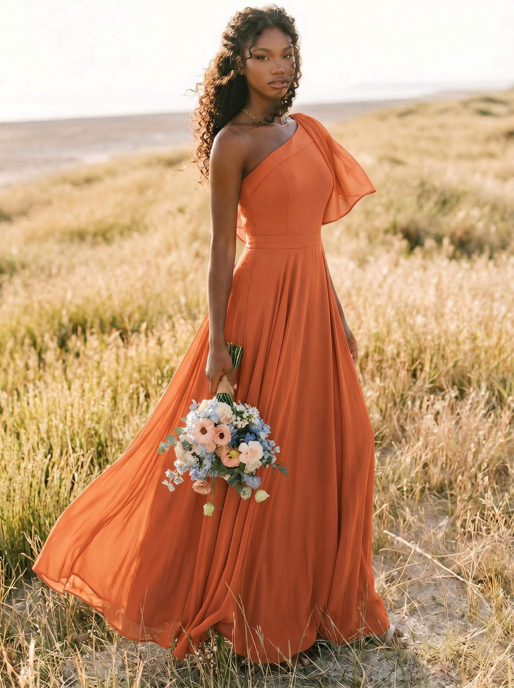 A-Line One-Shoulder Sleeveless Floor-Length Chiffon Bridesmaid Dresses With Bow(s)/Pockets, product image 242