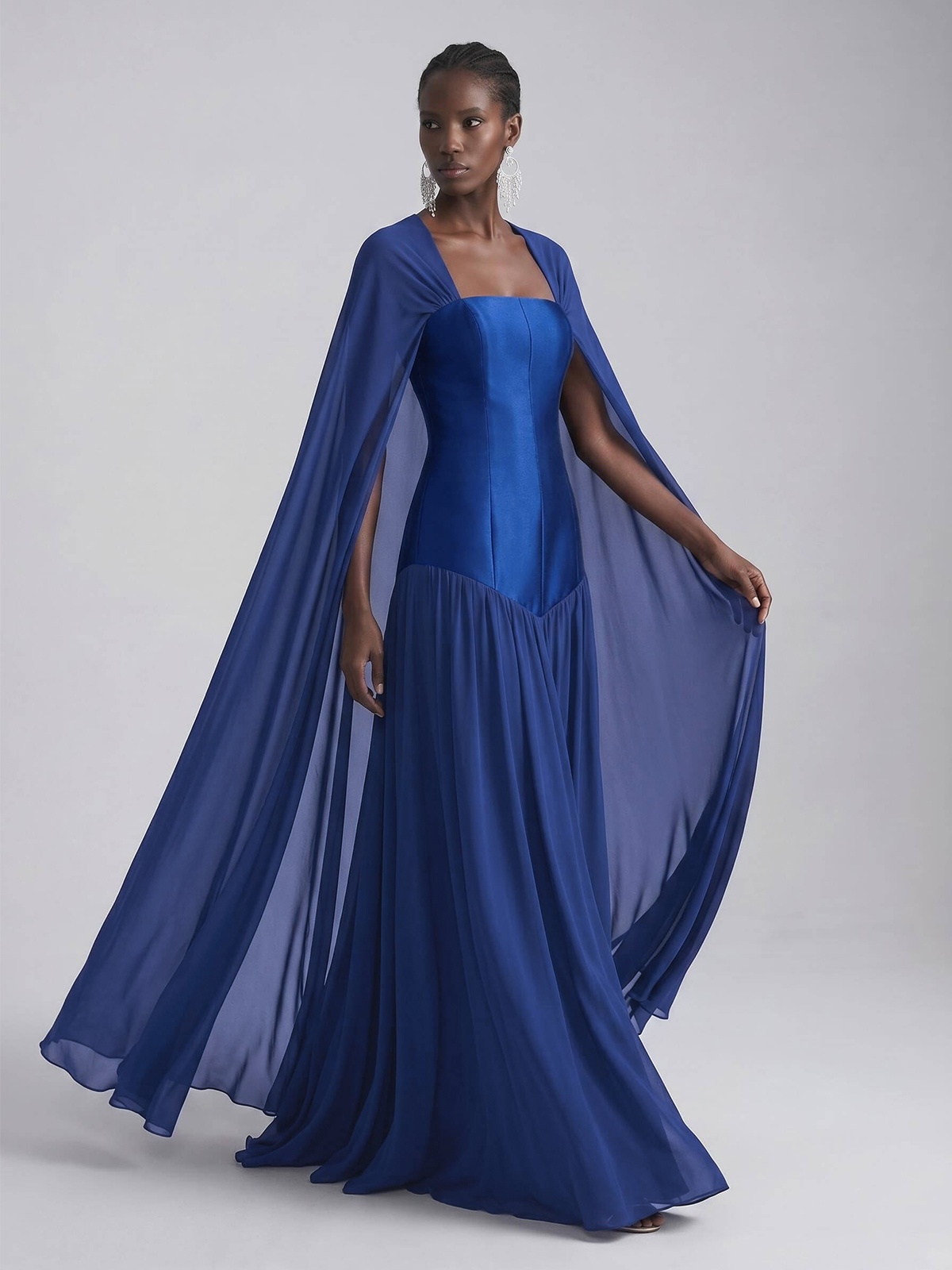 Elegant A-Line Square Neckline Cape Sleeves Floor-Length Chiffon/Satin Evening Dresses in Royal Blue, US2