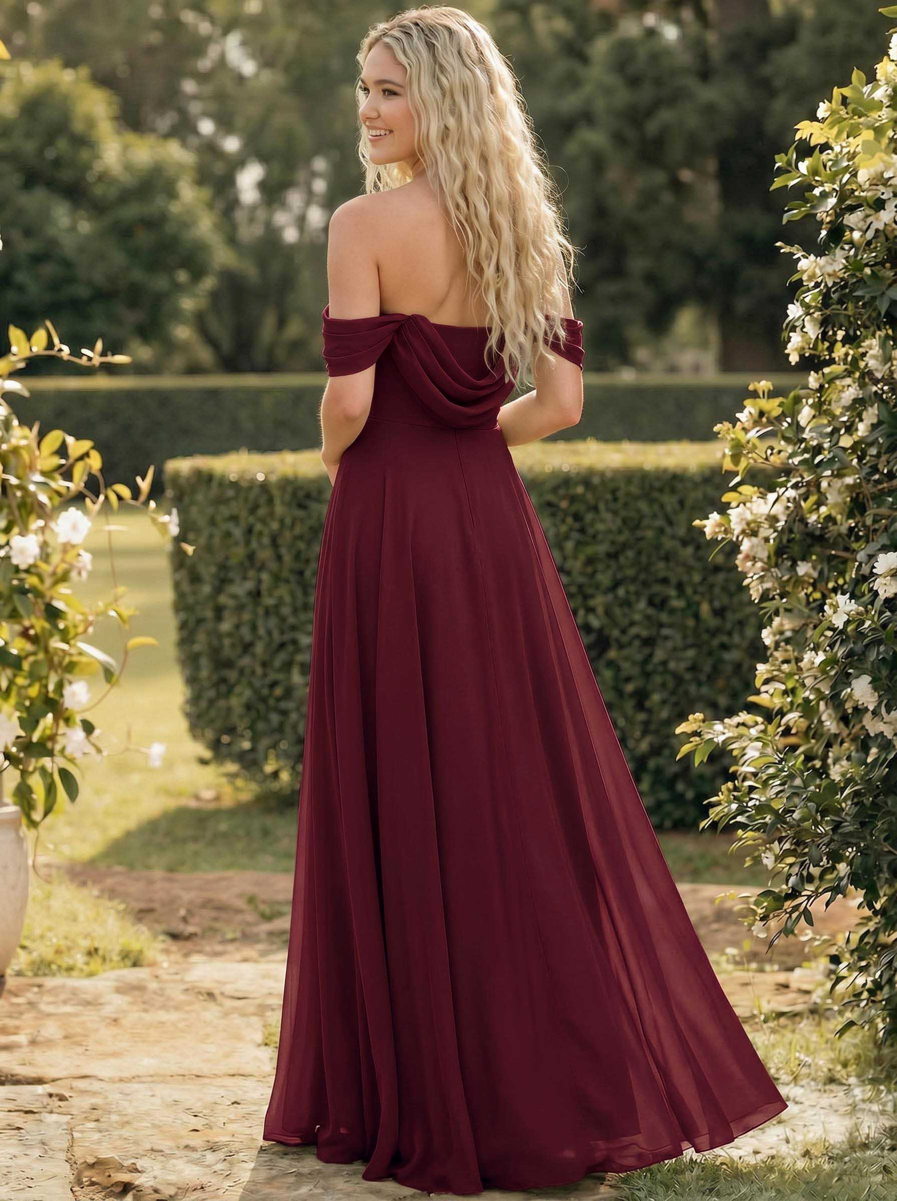 A-Line Off-The-Shoulder Sleeveless Floor-Length Chiffon Bridesmaid Dresses With Split Front, product image 45