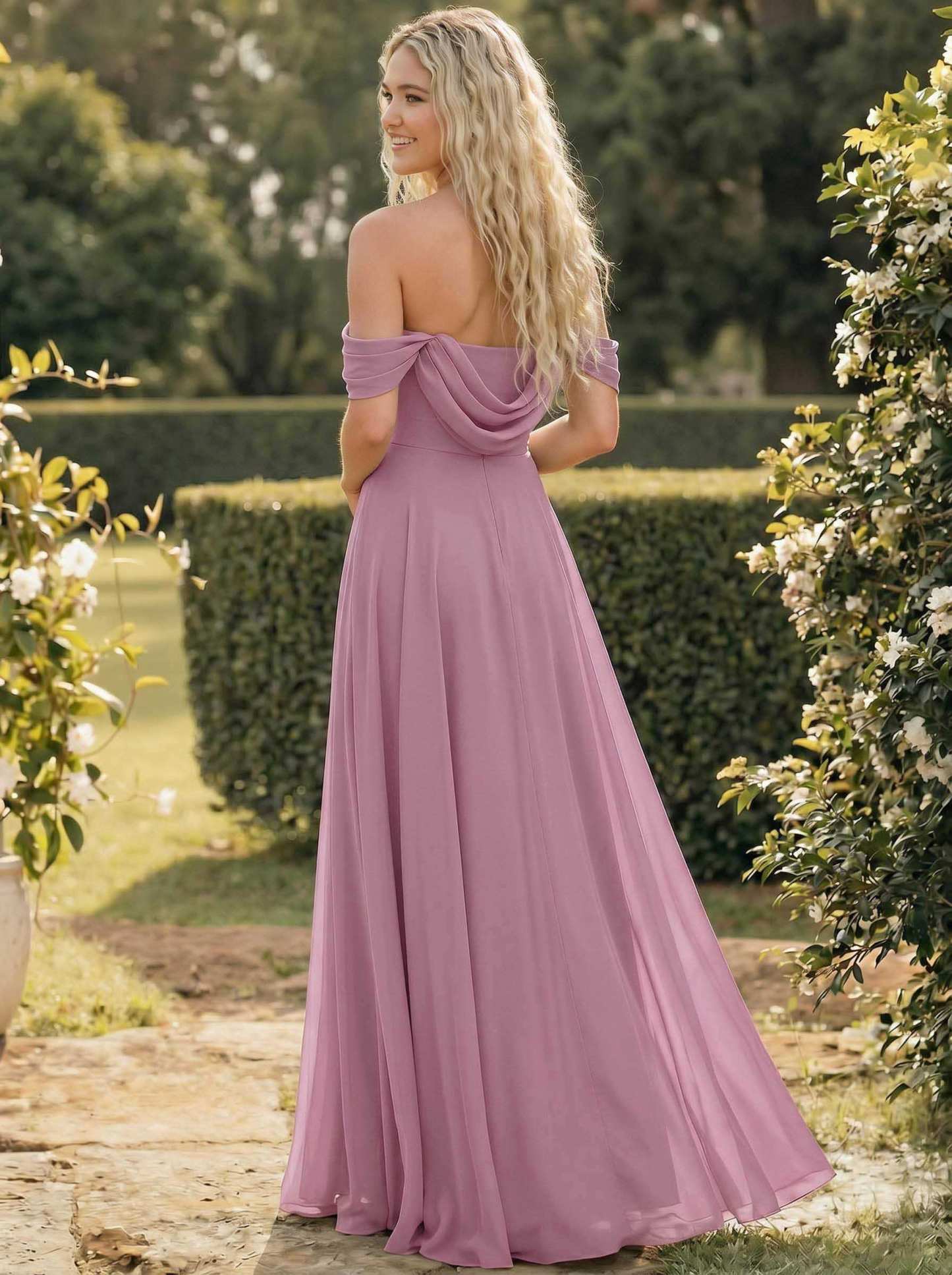 A-Line Off-The-Shoulder Sleeveless Floor-Length Chiffon Bridesmaid Dresses With Split Front, product image 93