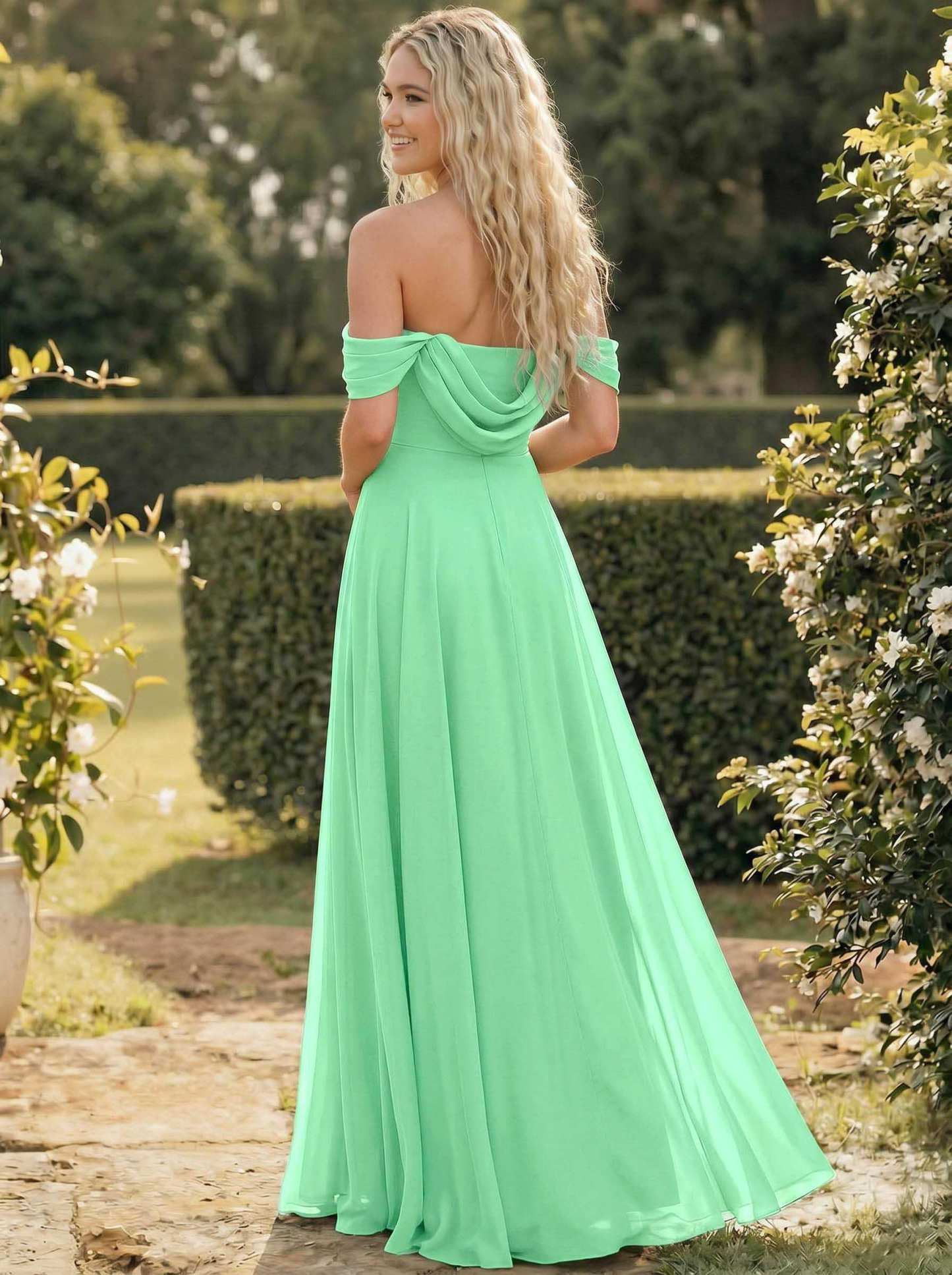 A-Line Off-The-Shoulder Sleeveless Floor-Length Chiffon Bridesmaid Dresses With Split Front, product image 141