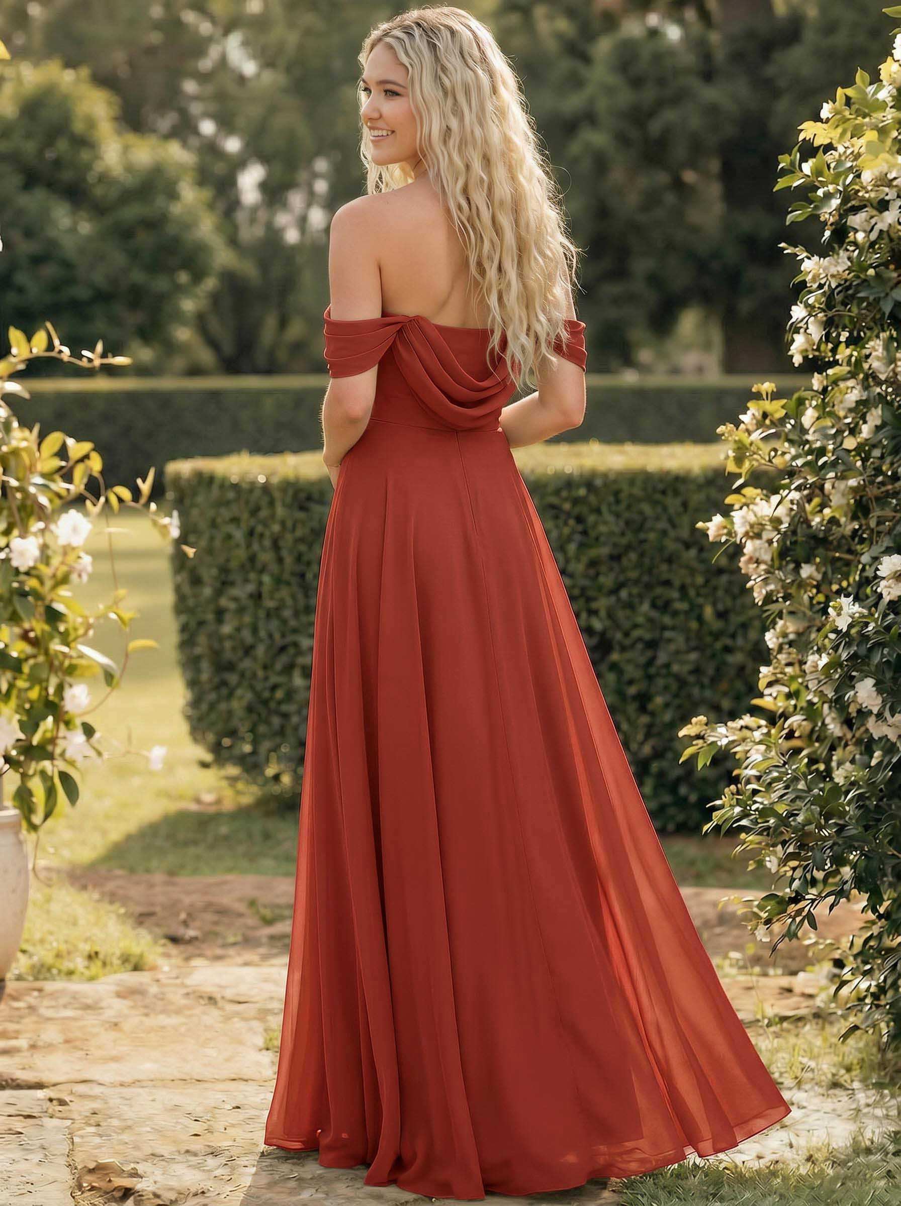 A-Line Off-The-Shoulder Sleeveless Floor-Length Chiffon Bridesmaid Dresses With Split Front, product image 57
