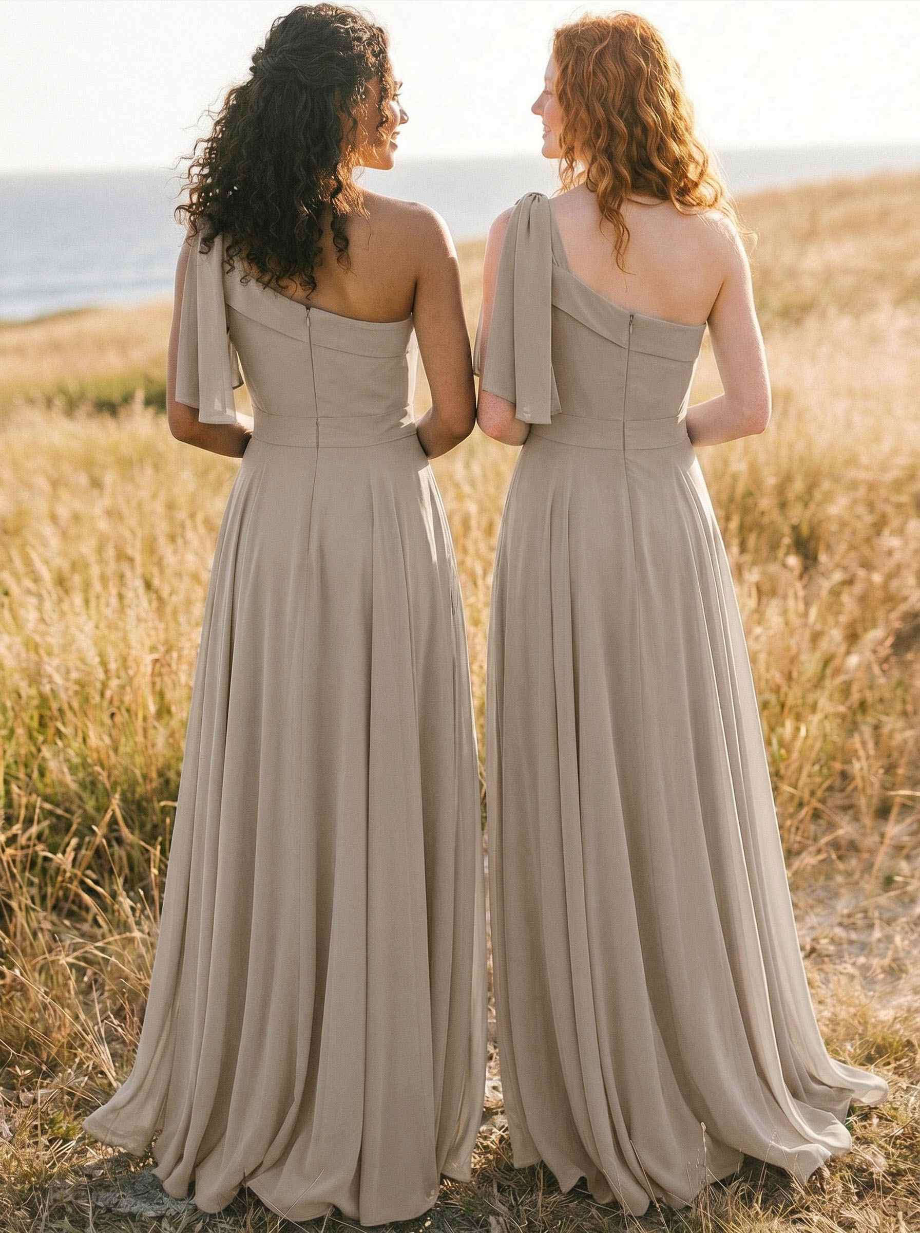 A-Line One-Shoulder Sleeveless Floor-Length Chiffon Bridesmaid Dresses With Bow(s)/Pockets, product image 125