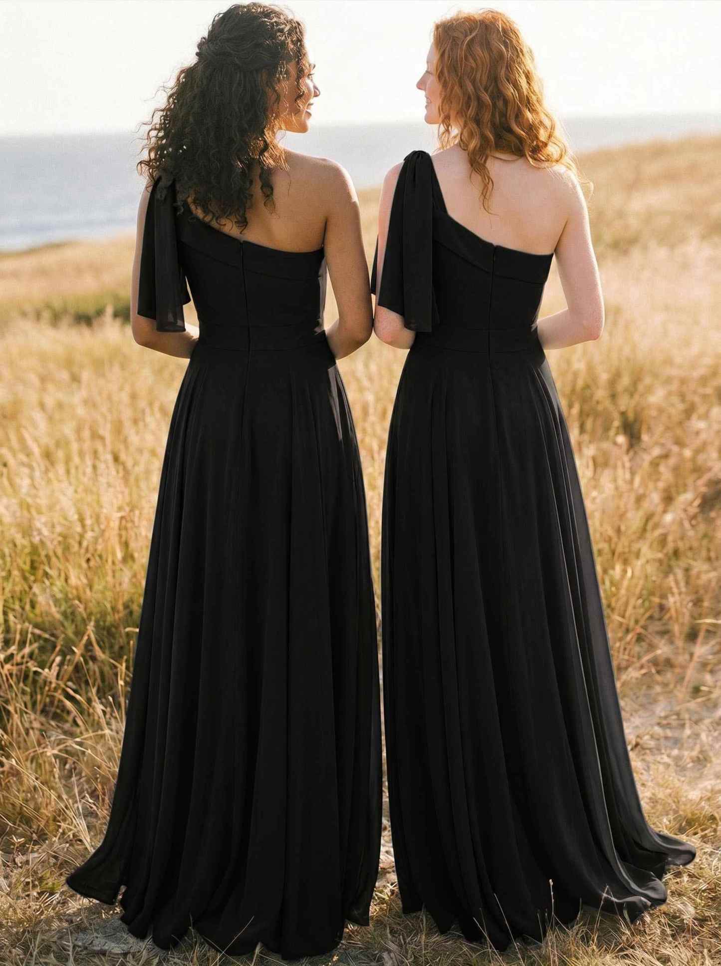 A-Line One-Shoulder Sleeveless Floor-Length Chiffon Bridesmaid Dresses With Bow(s)/Pockets, product image 121