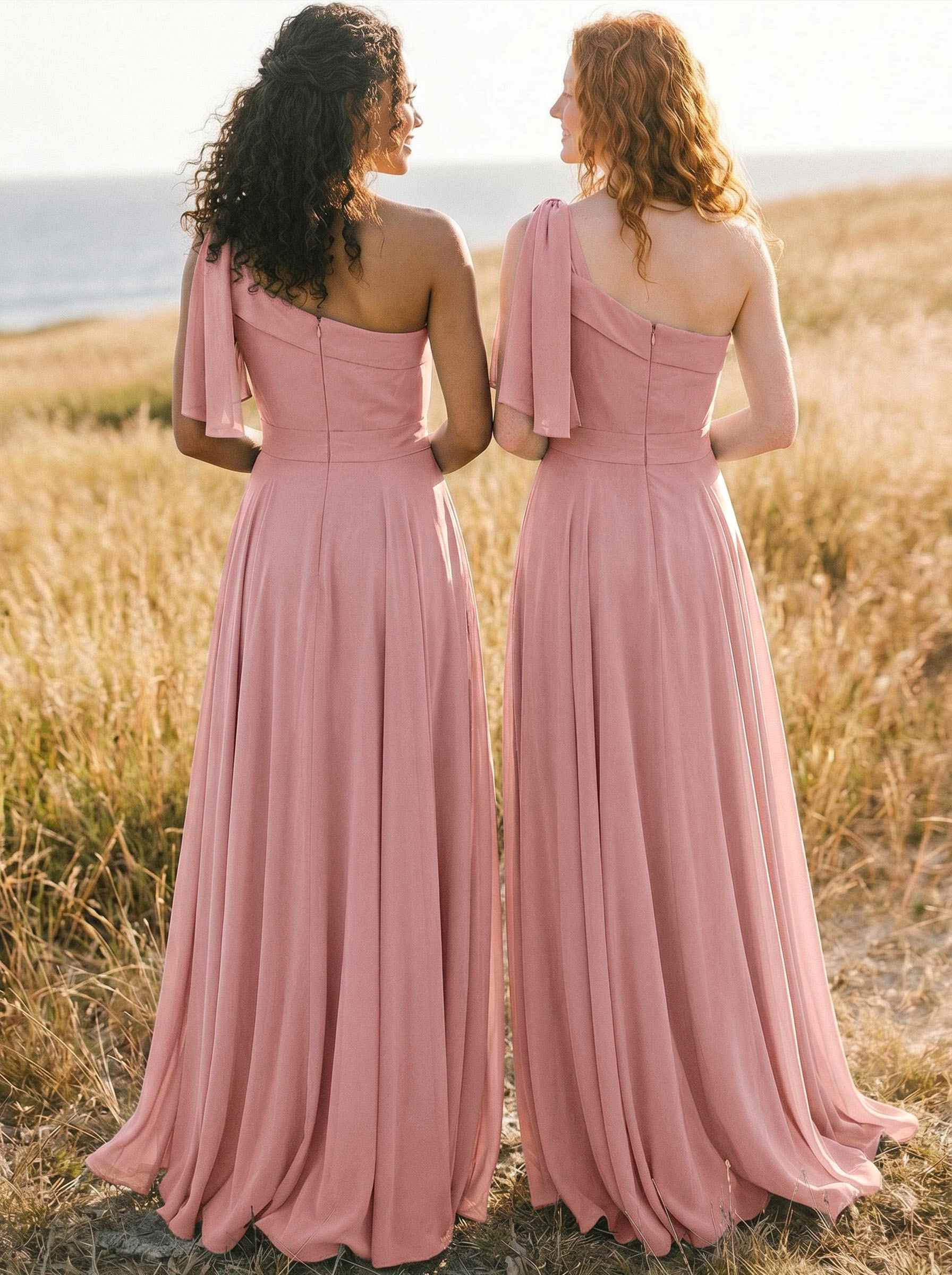 A-Line One-Shoulder Sleeveless Floor-Length Chiffon Bridesmaid Dresses With Bow(s)/Pockets, product image 47