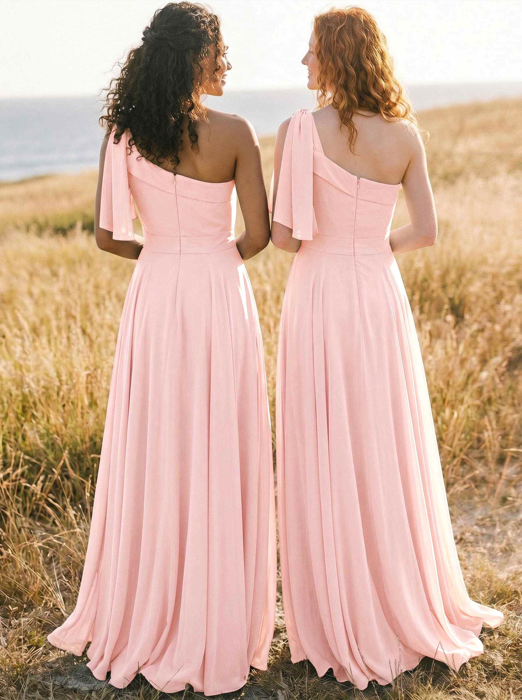 A-Line One-Shoulder Sleeveless Floor-Length Chiffon Bridesmaid Dresses With Bow(s)/Pockets, product image 53