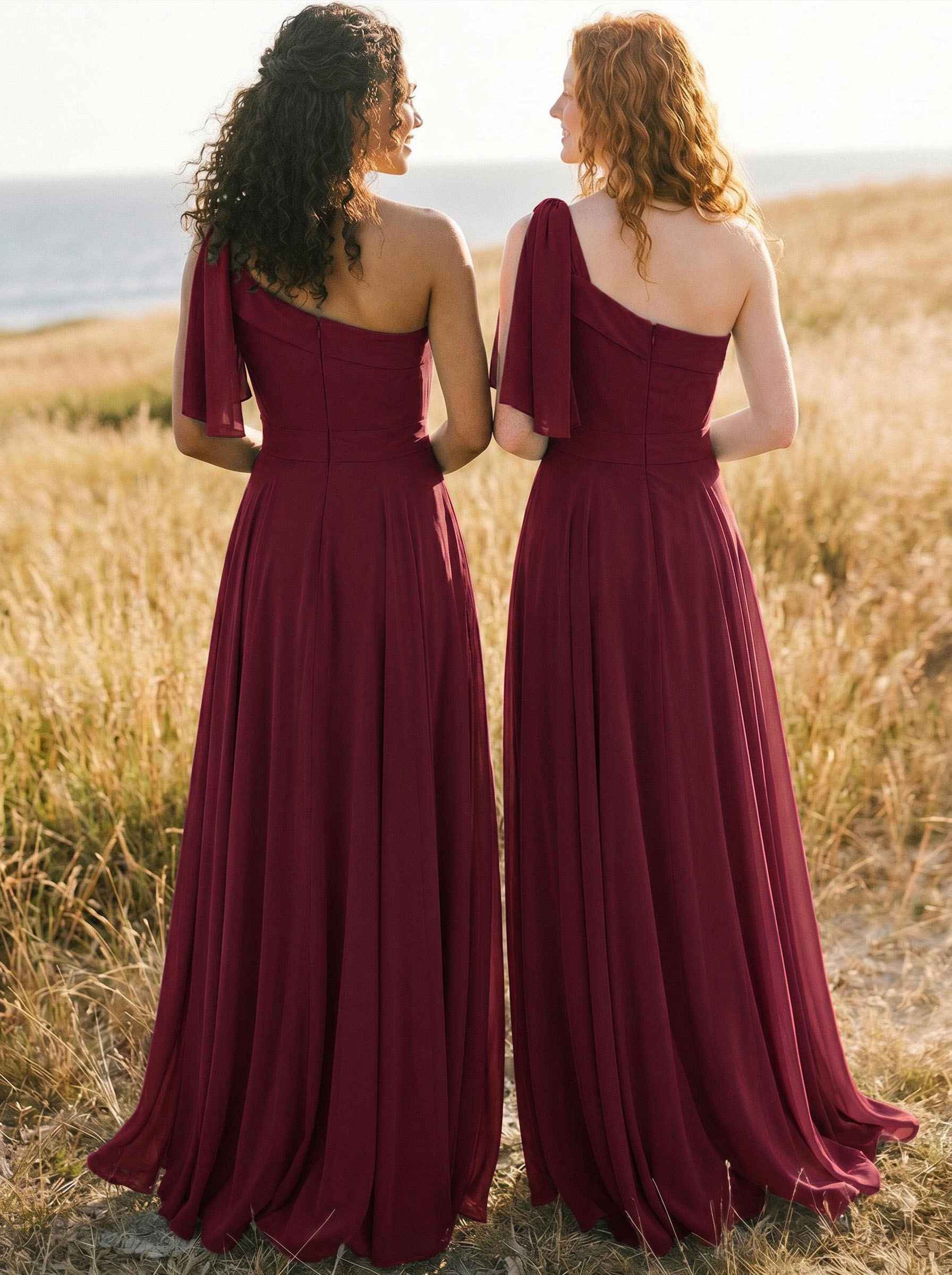 A-Line One-Shoulder Sleeveless Floor-Length Chiffon Bridesmaid Dresses With Bow(s)/Pockets, product image 31