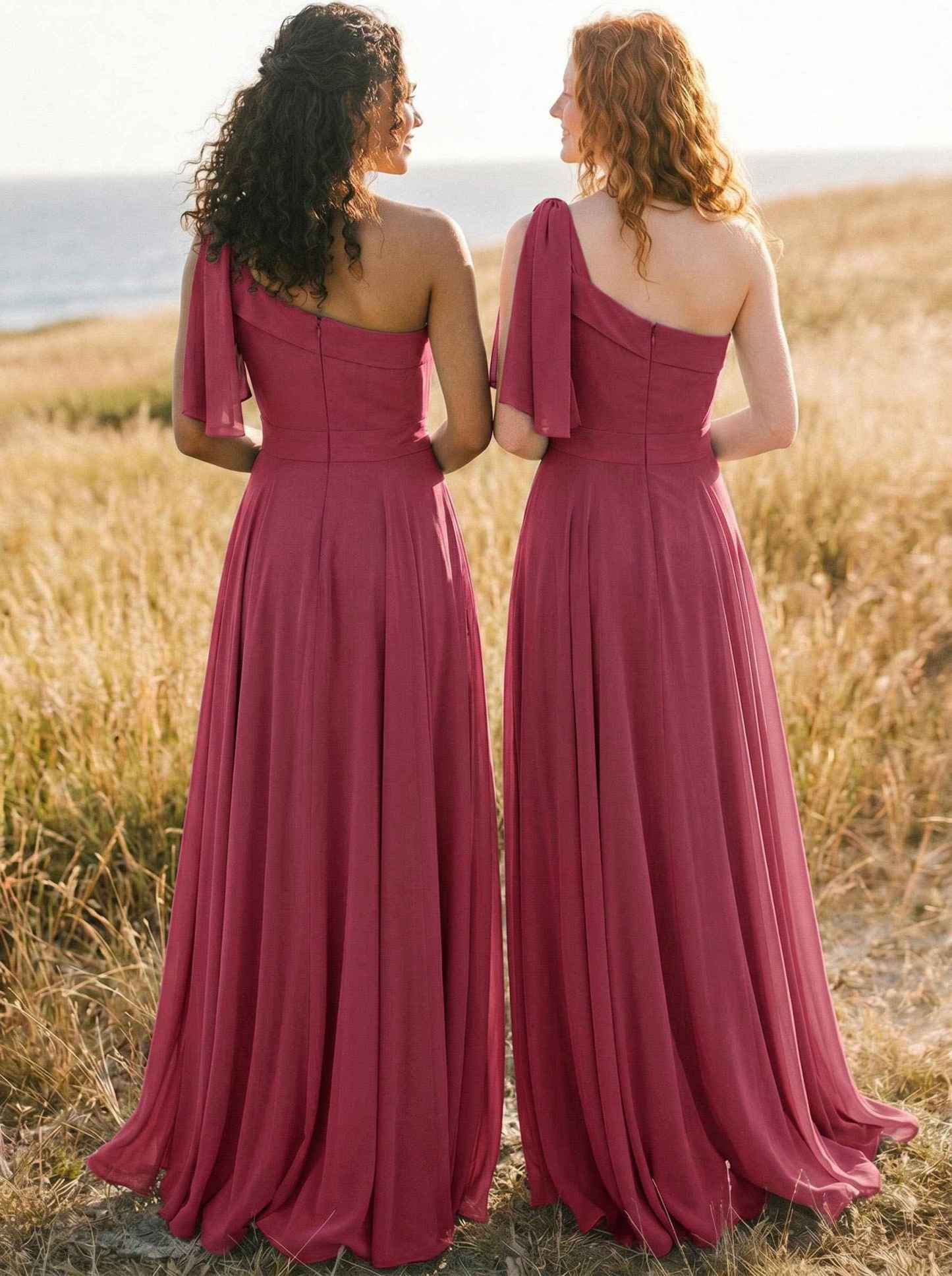 A-Line One-Shoulder Sleeveless Floor-Length Chiffon Bridesmaid Dresses With Bow(s)/Pockets, product image 33