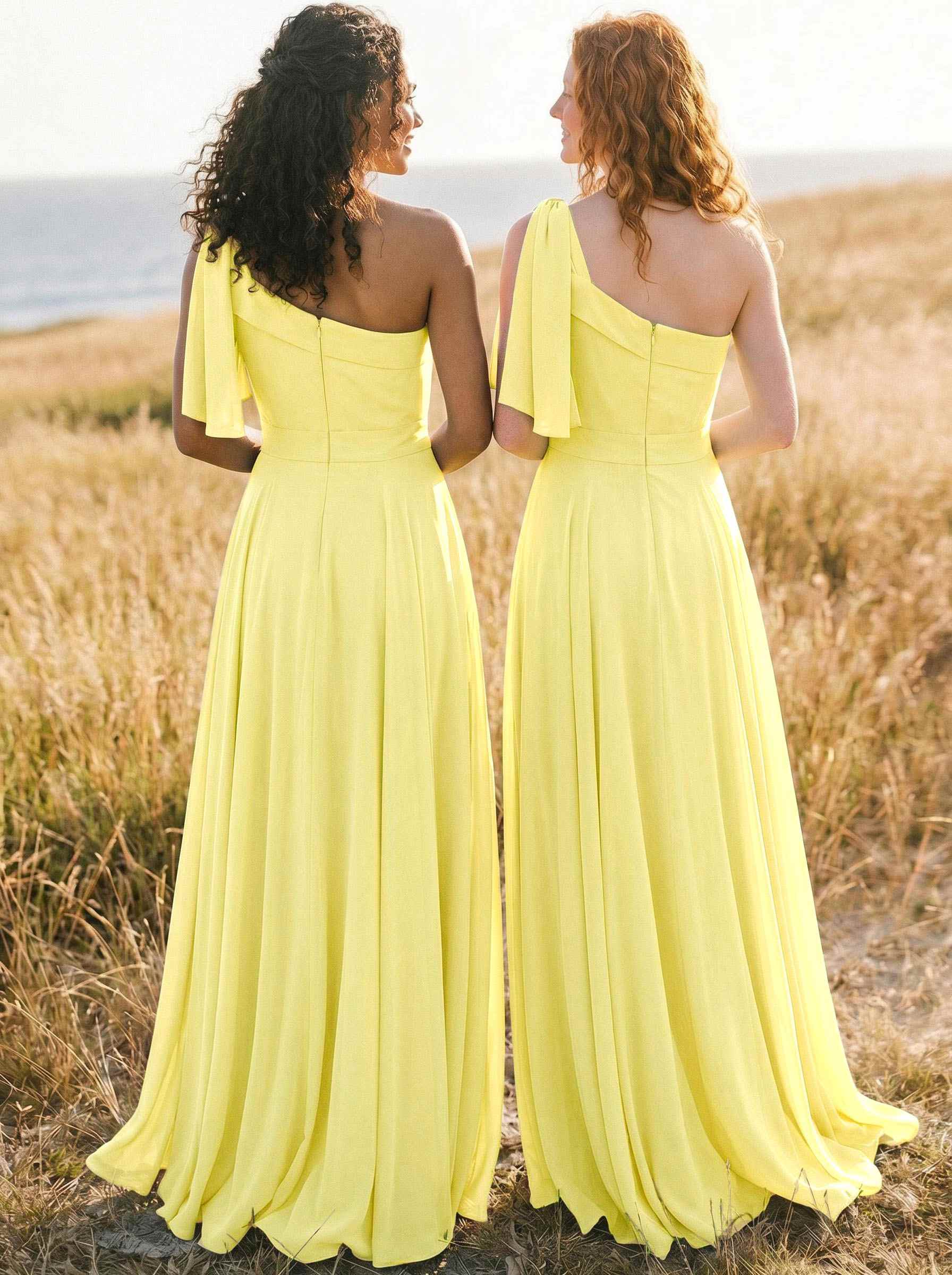 A-Line One-Shoulder Sleeveless Floor-Length Chiffon Bridesmaid Dresses With Bow(s)/Pockets, product image 103