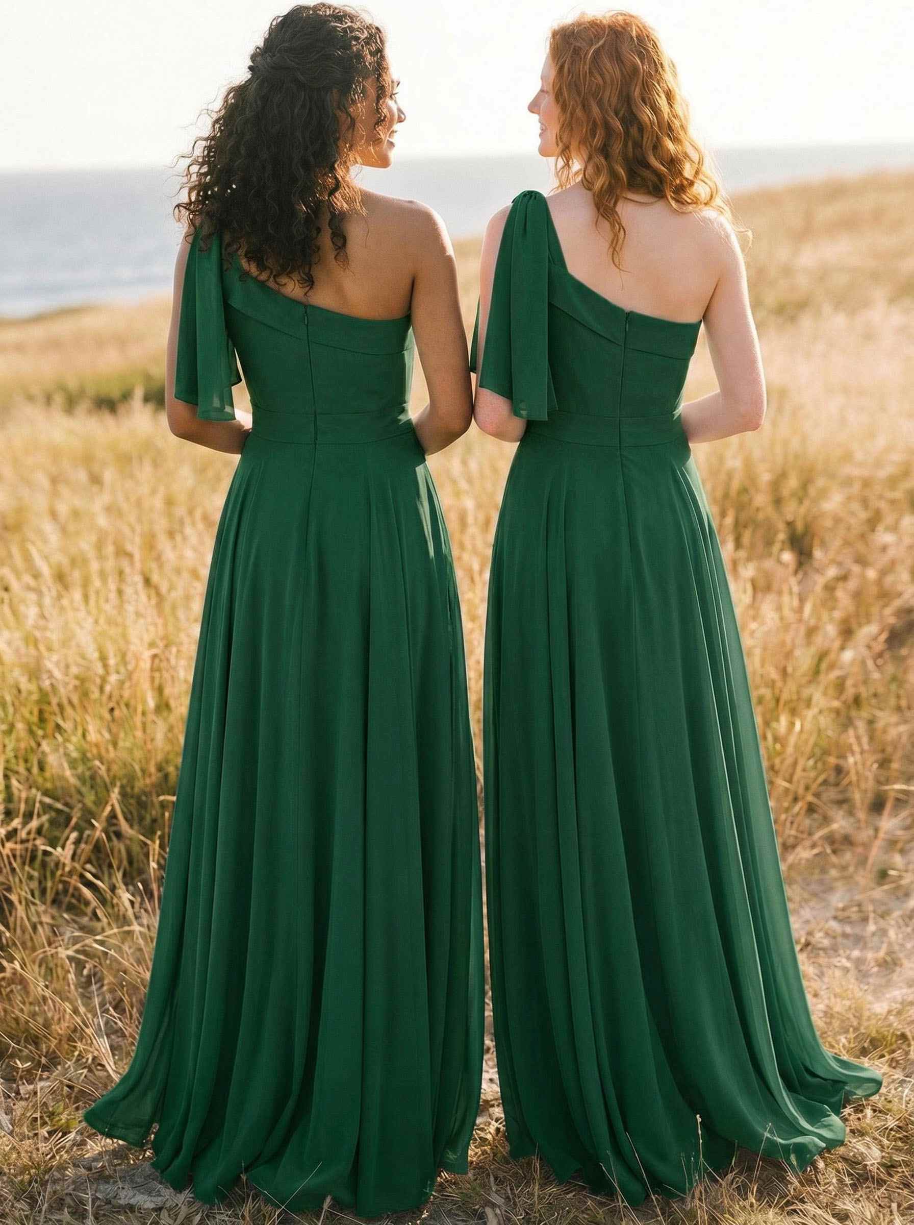 A-Line One-Shoulder Sleeveless Floor-Length Chiffon Bridesmaid Dresses With Bow(s)/Pockets, product image 83