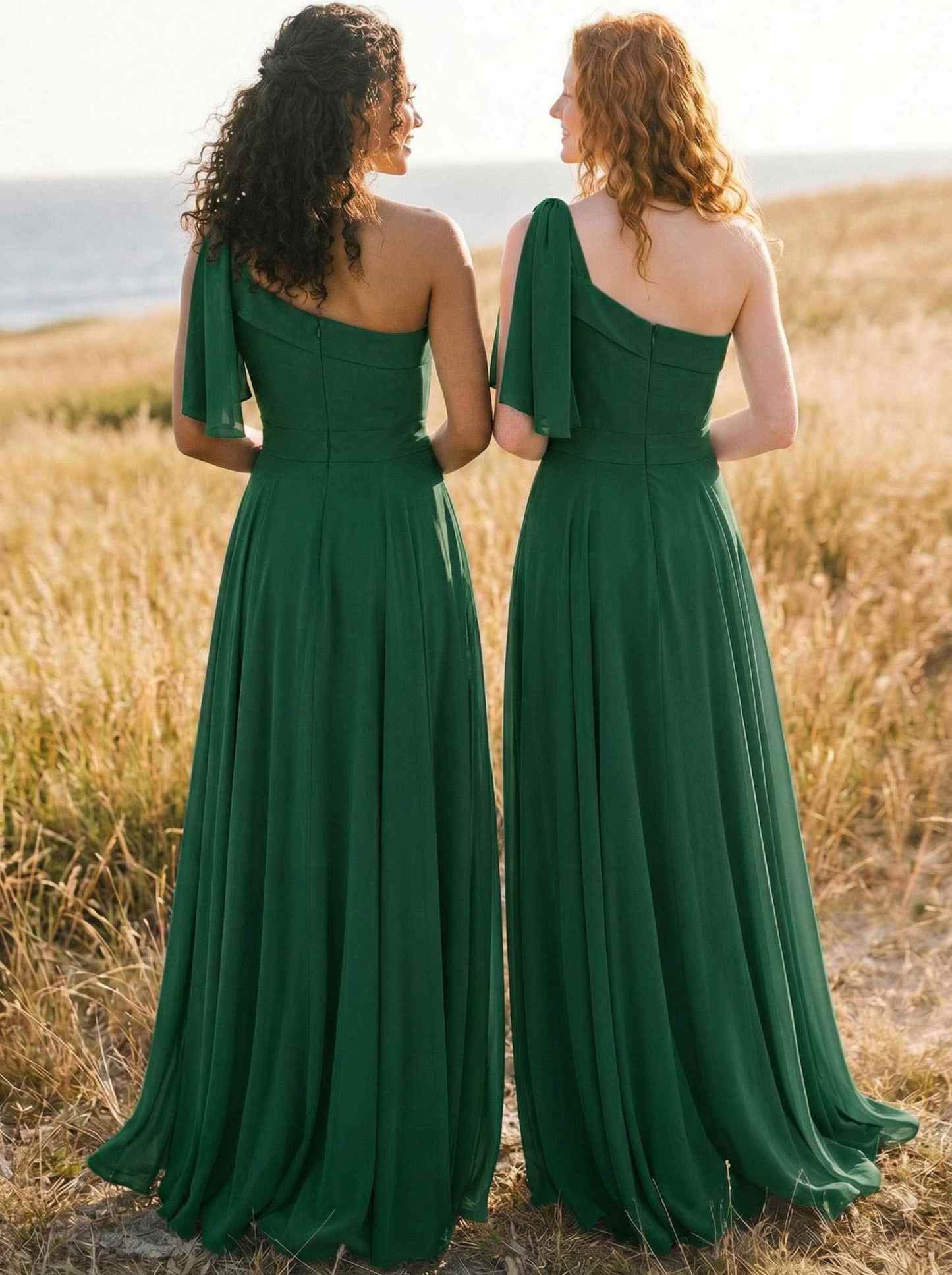 A-Line One-Shoulder Sleeveless Floor-Length Chiffon Bridesmaid Dresses With Bow(s)/Pockets, product image 83