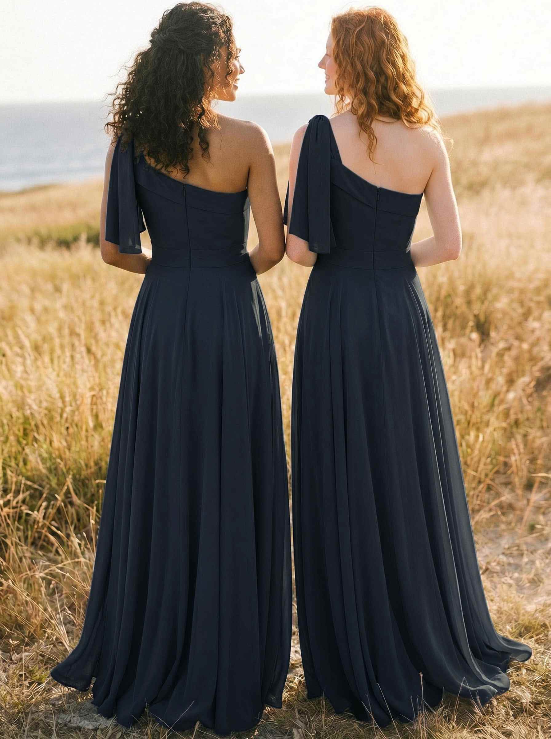 A-Line One-Shoulder Sleeveless Floor-Length Chiffon Bridesmaid Dresses With Bow(s)/Pockets, product image 7