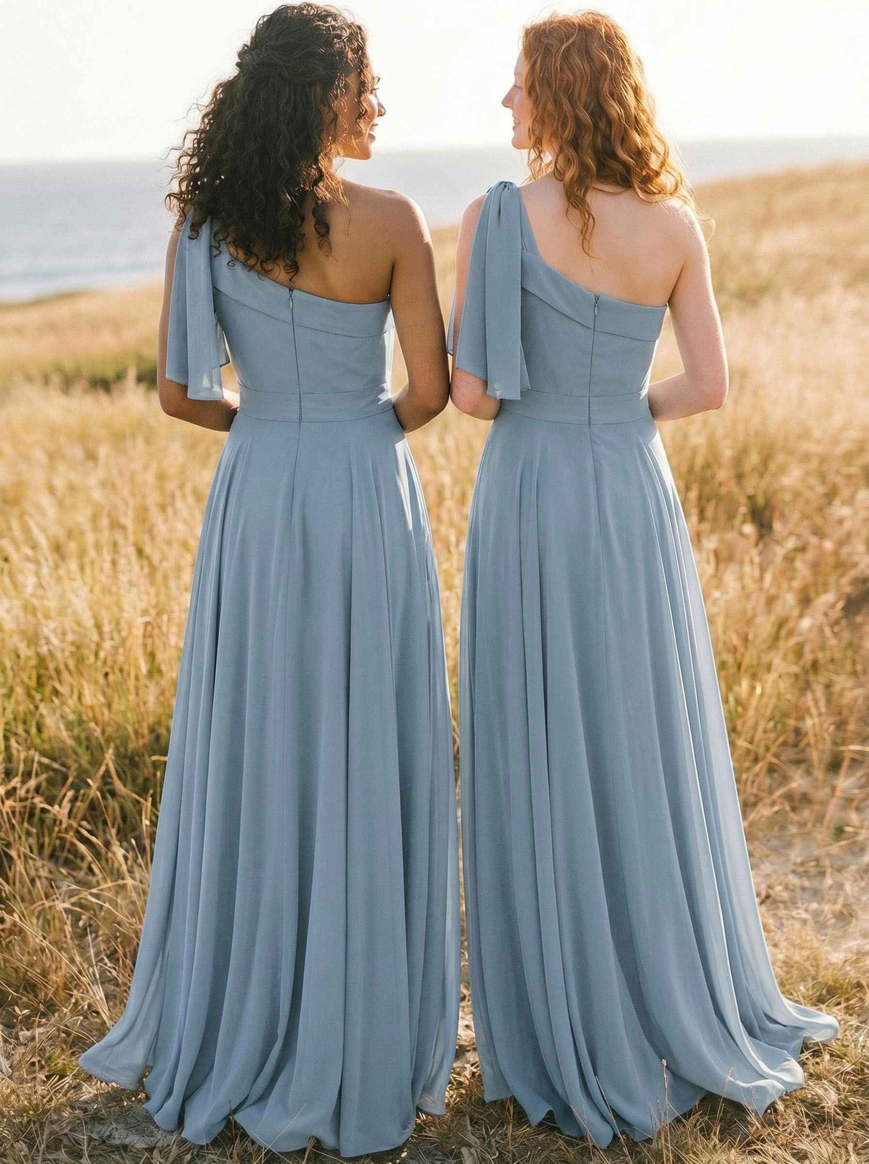 A-Line One-Shoulder Sleeveless Floor-Length Chiffon Bridesmaid Dresses With Bow(s)/Pockets, product image 11