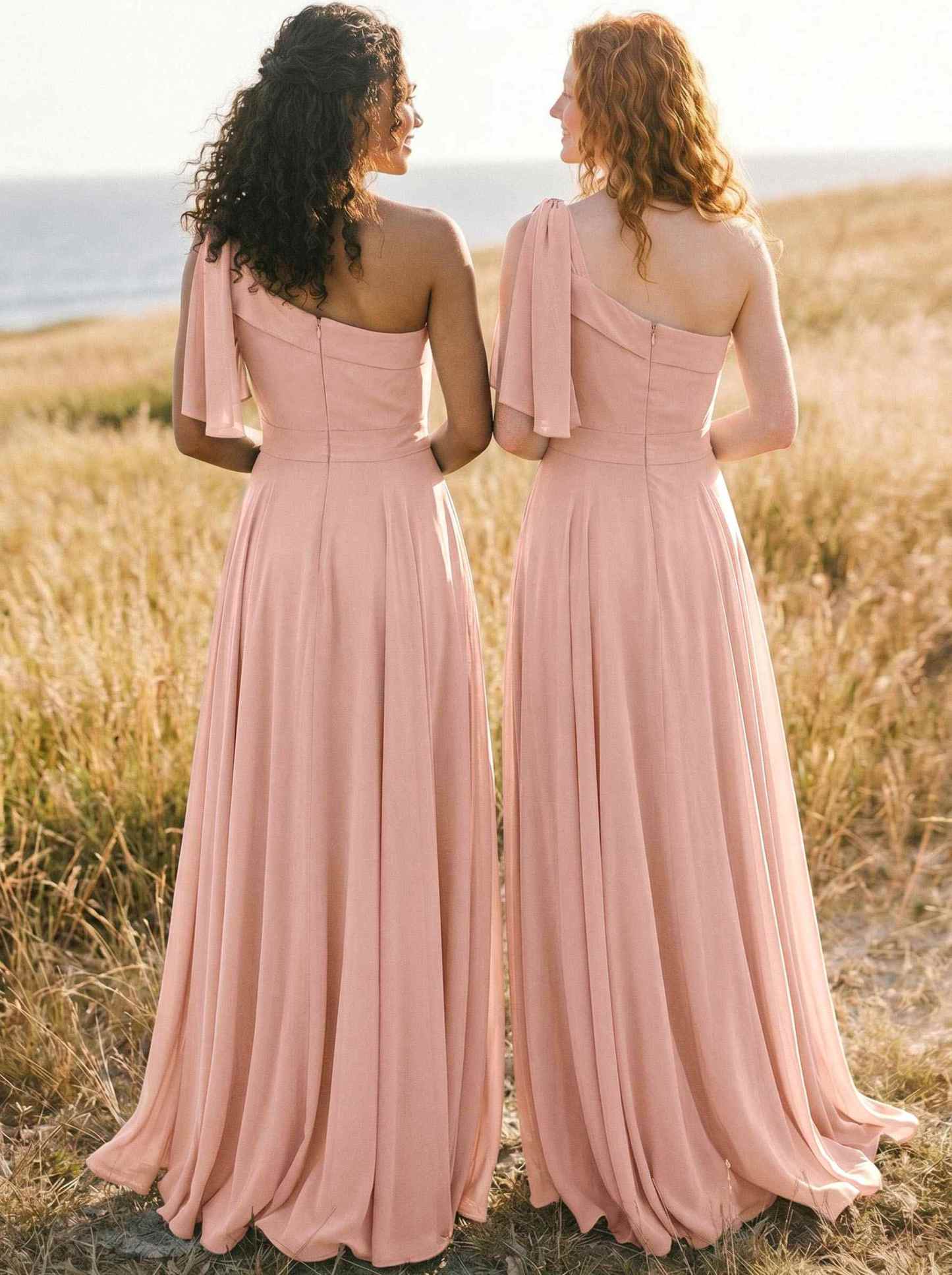 A-Line One-Shoulder Sleeveless Floor-Length Chiffon Bridesmaid Dresses With Bow(s)/Pockets, product image 43