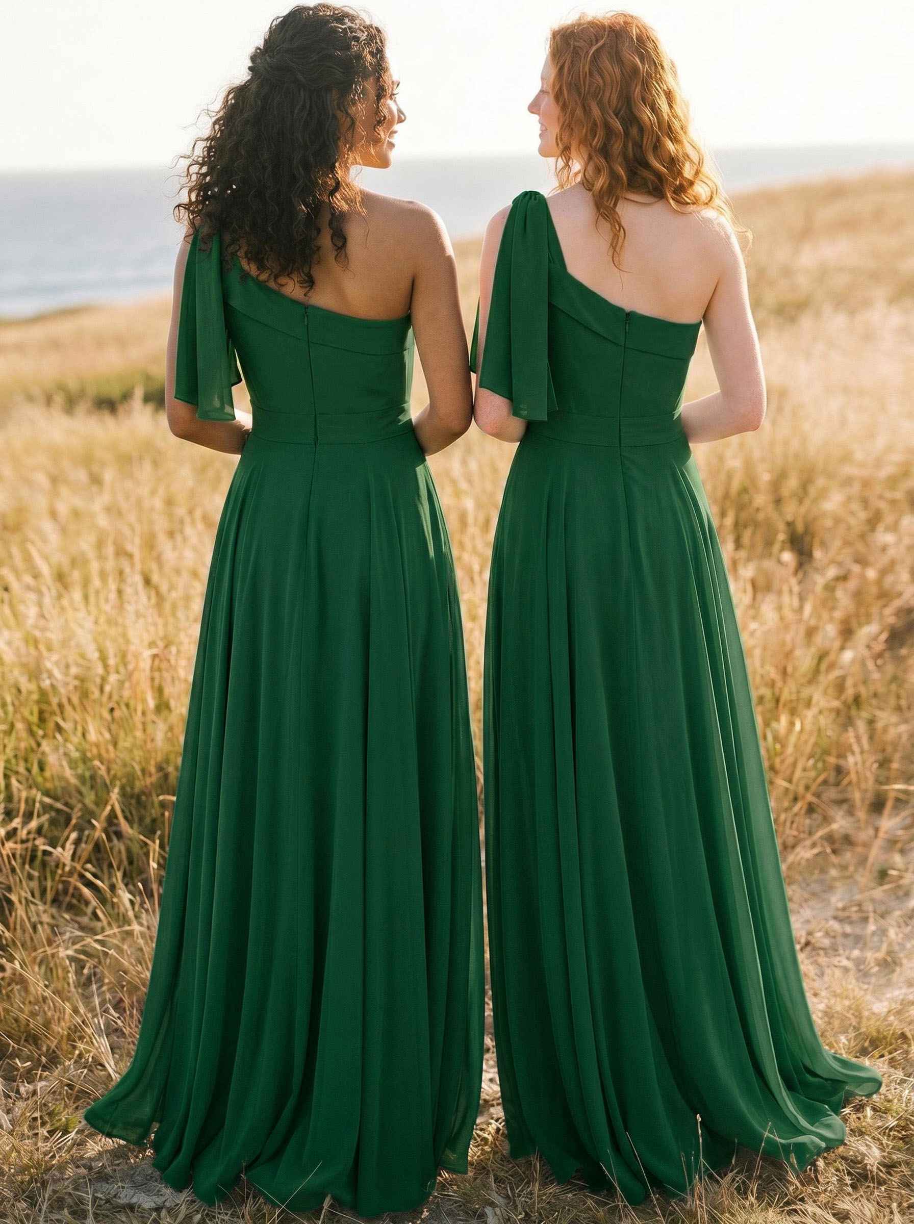 A-Line One-Shoulder Sleeveless Floor-Length Chiffon Bridesmaid Dresses With Bow(s)/Pockets, product image 133