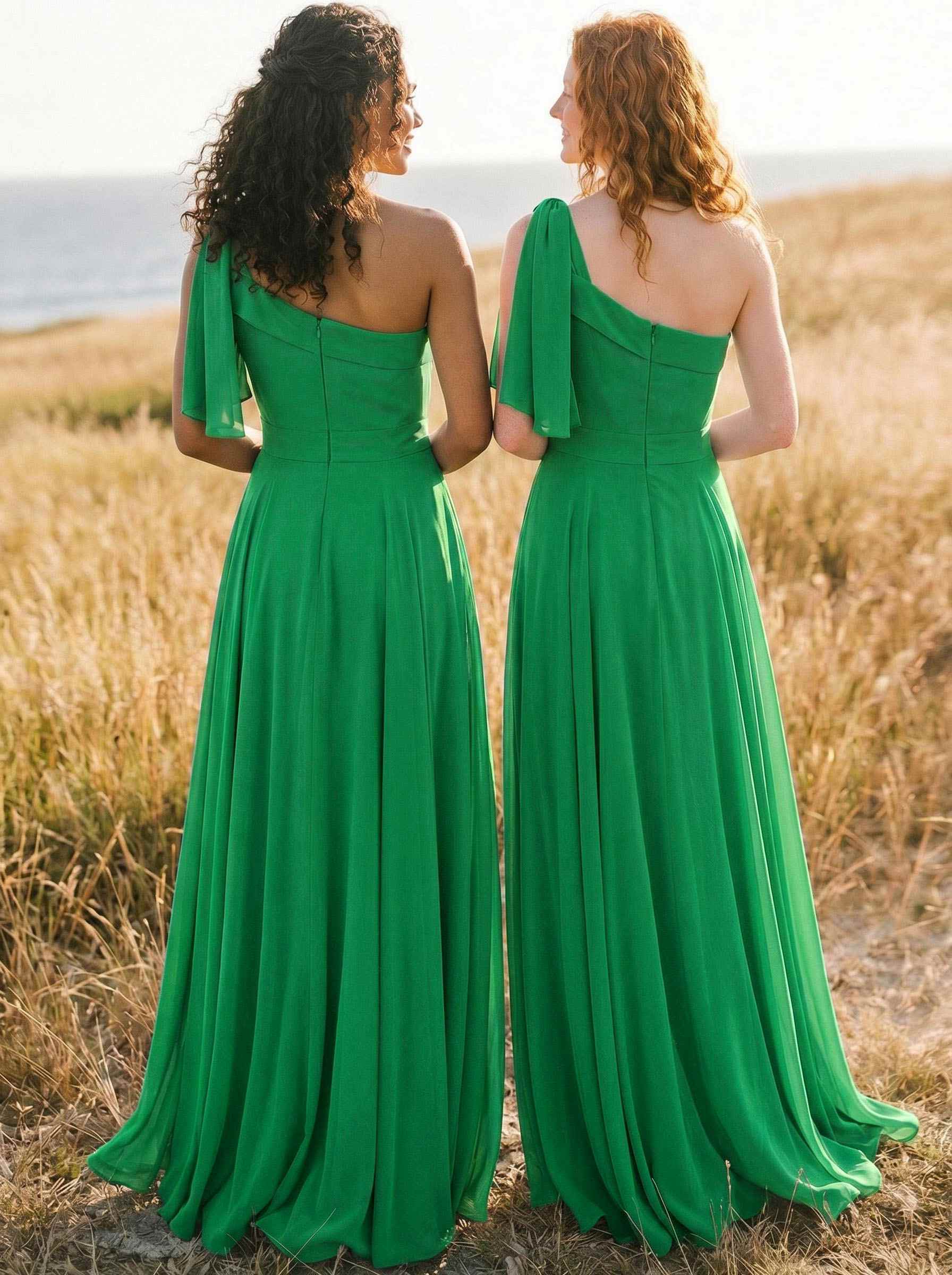 A-Line One-Shoulder Sleeveless Floor-Length Chiffon Bridesmaid Dresses With Bow(s)/Pockets, product image 131