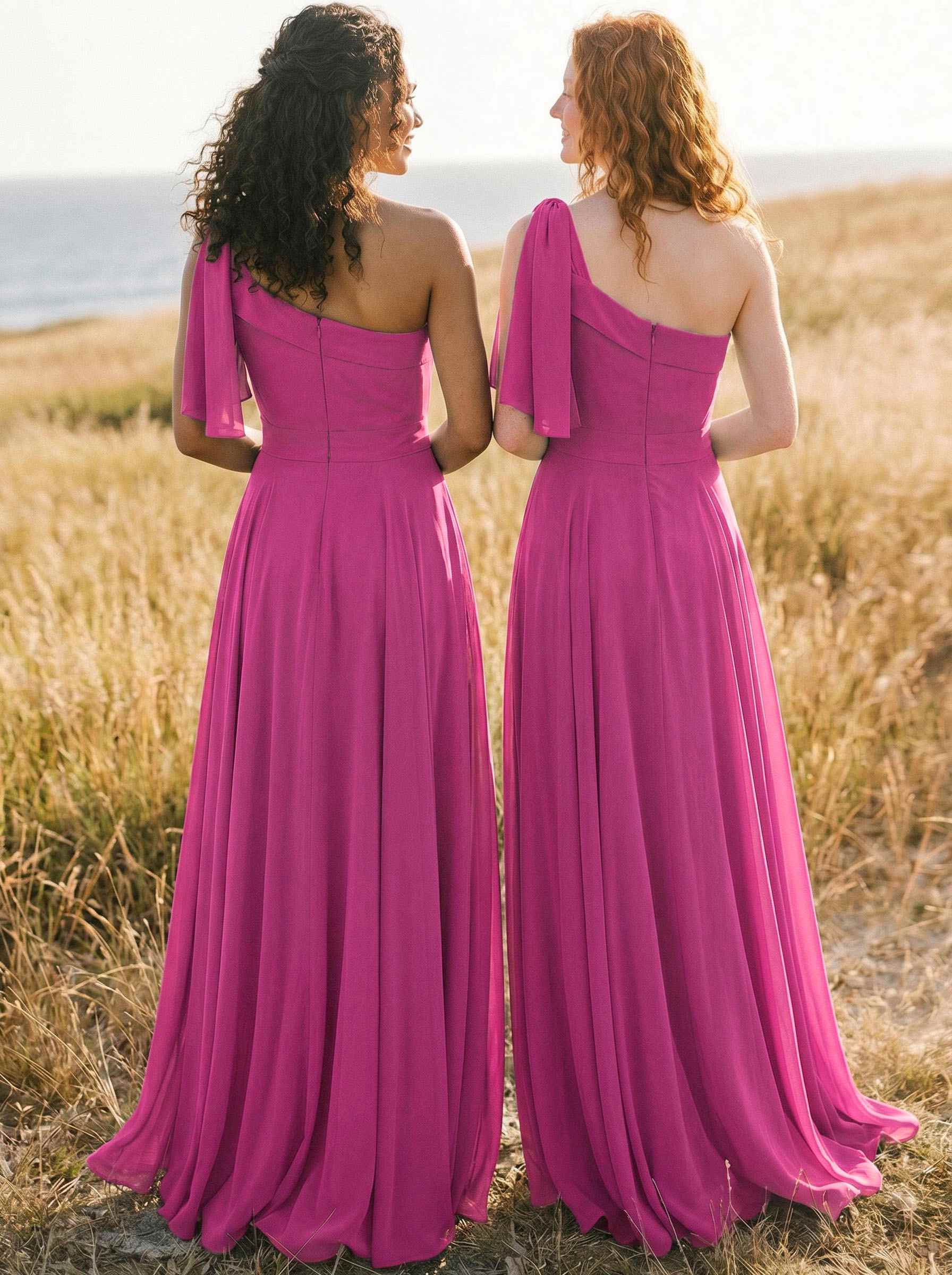 A-Line One-Shoulder Sleeveless Floor-Length Chiffon Bridesmaid Dresses With Bow(s)/Pockets, product image 79