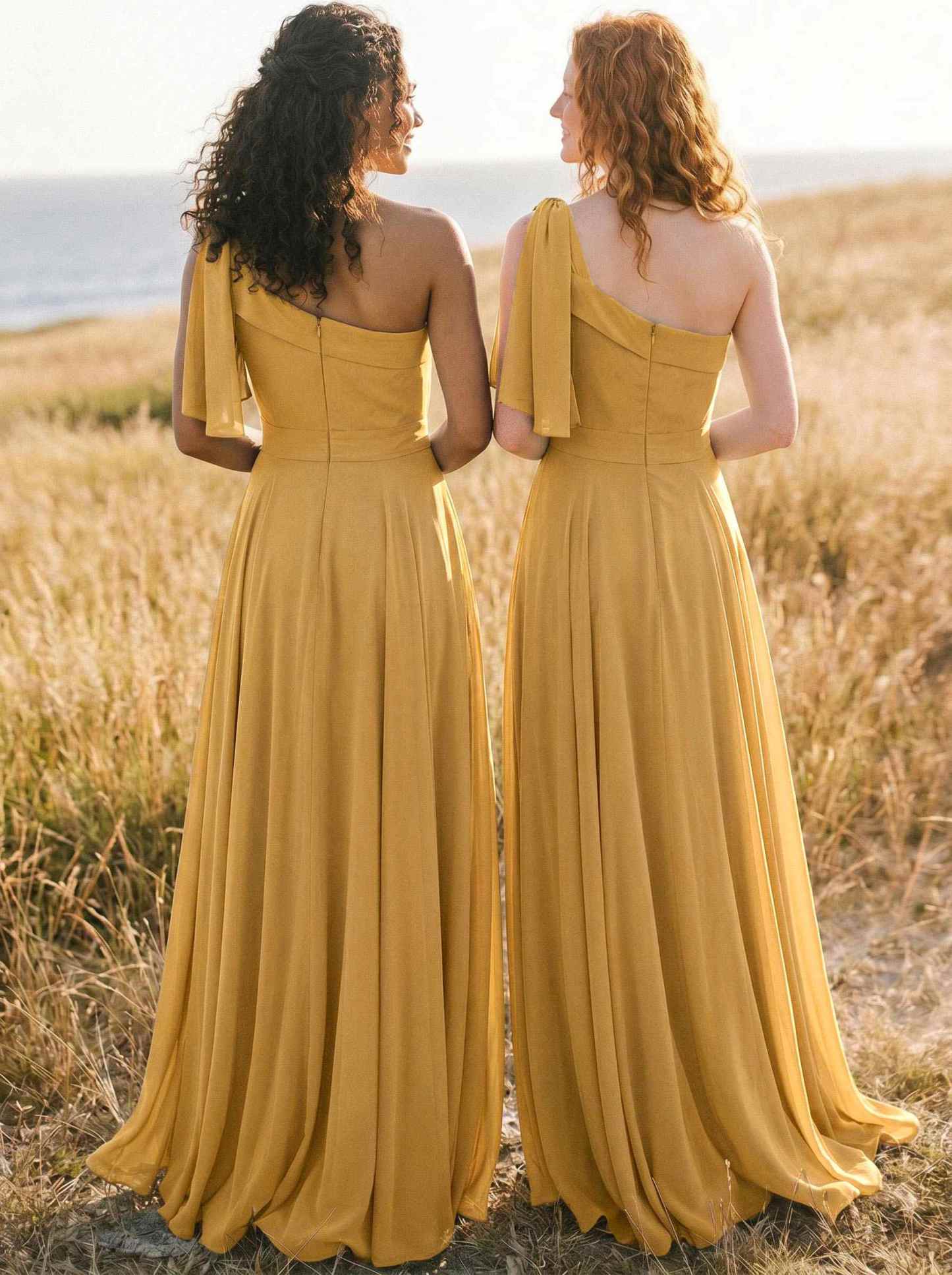 A-Line One-Shoulder Sleeveless Floor-Length Chiffon Bridesmaid Dresses With Bow(s)/Pockets, product image 105