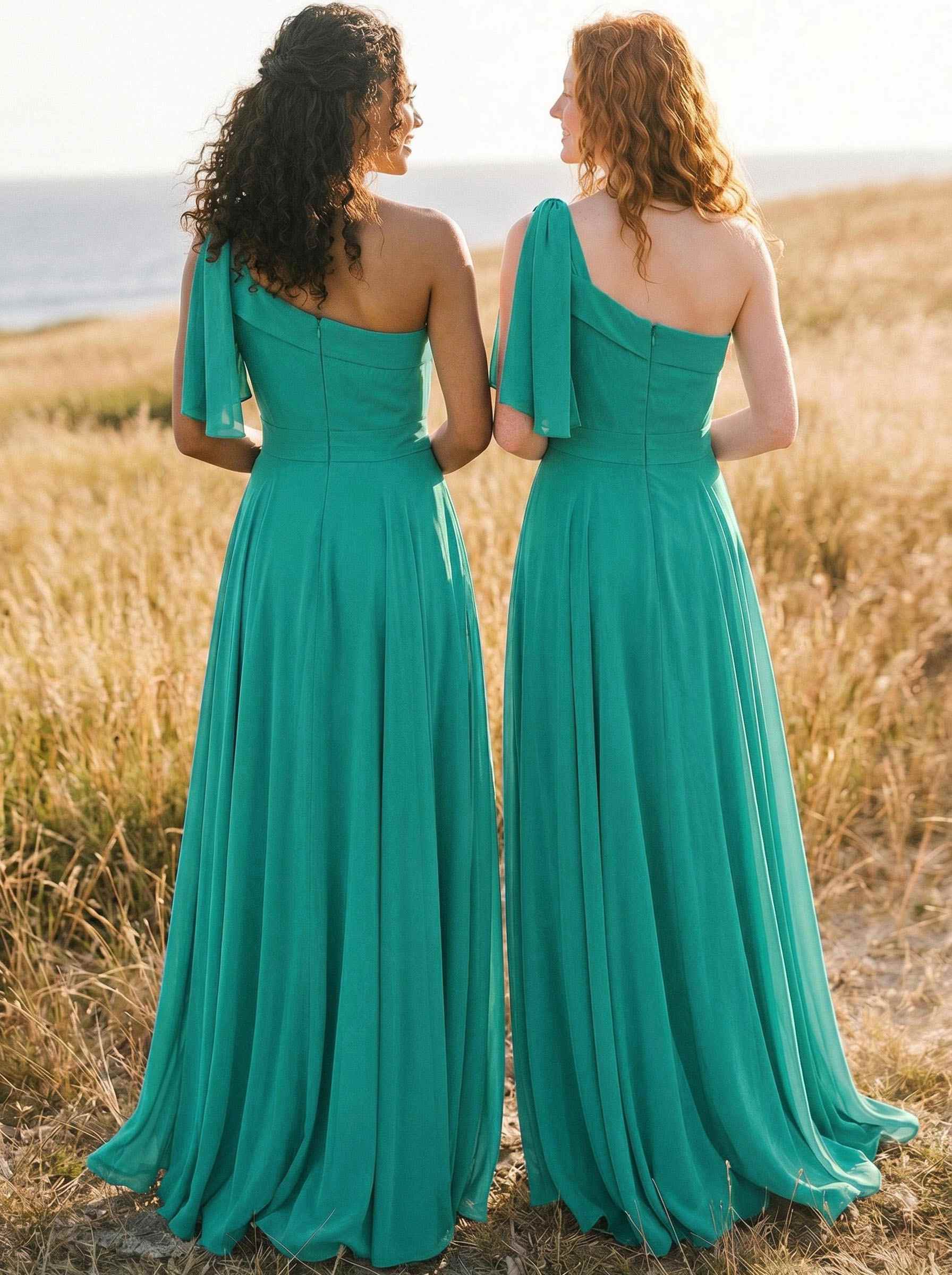 A-Line One-Shoulder Sleeveless Floor-Length Chiffon Bridesmaid Dresses With Bow(s)/Pockets, product image 89