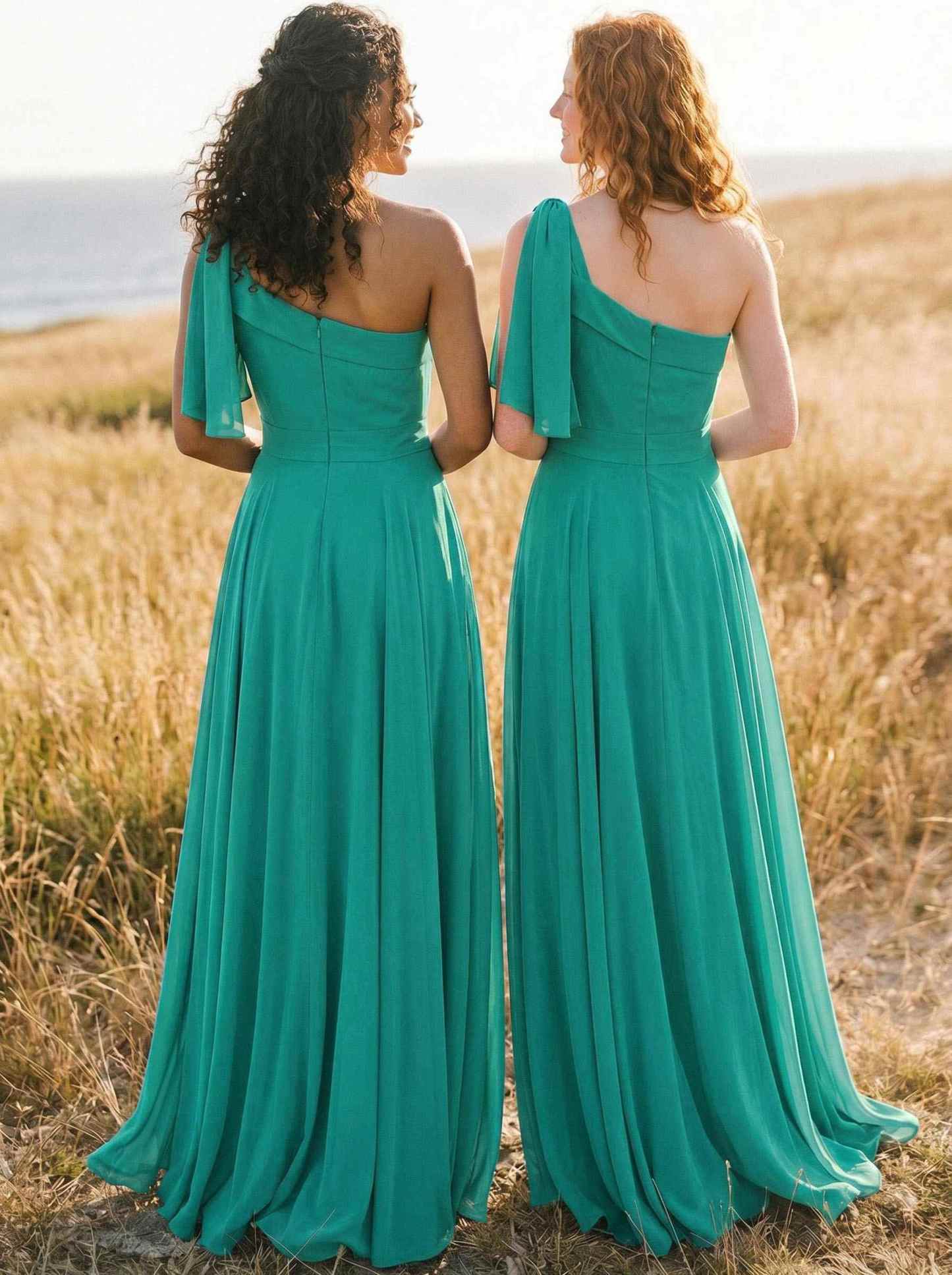 A-Line One-Shoulder Sleeveless Floor-Length Chiffon Bridesmaid Dresses With Bow(s)/Pockets, product image 89