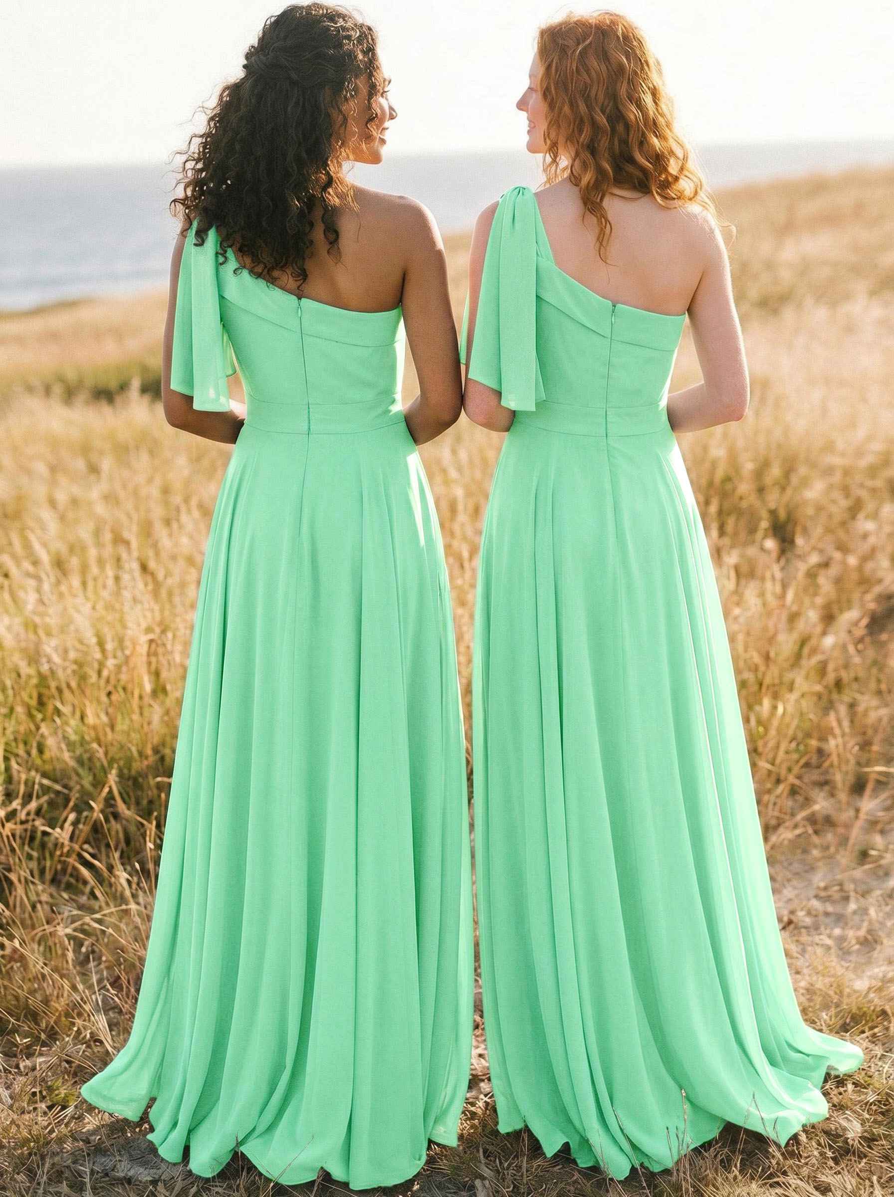 A-Line One-Shoulder Sleeveless Floor-Length Chiffon Bridesmaid Dresses With Bow(s)/Pockets, product image 95