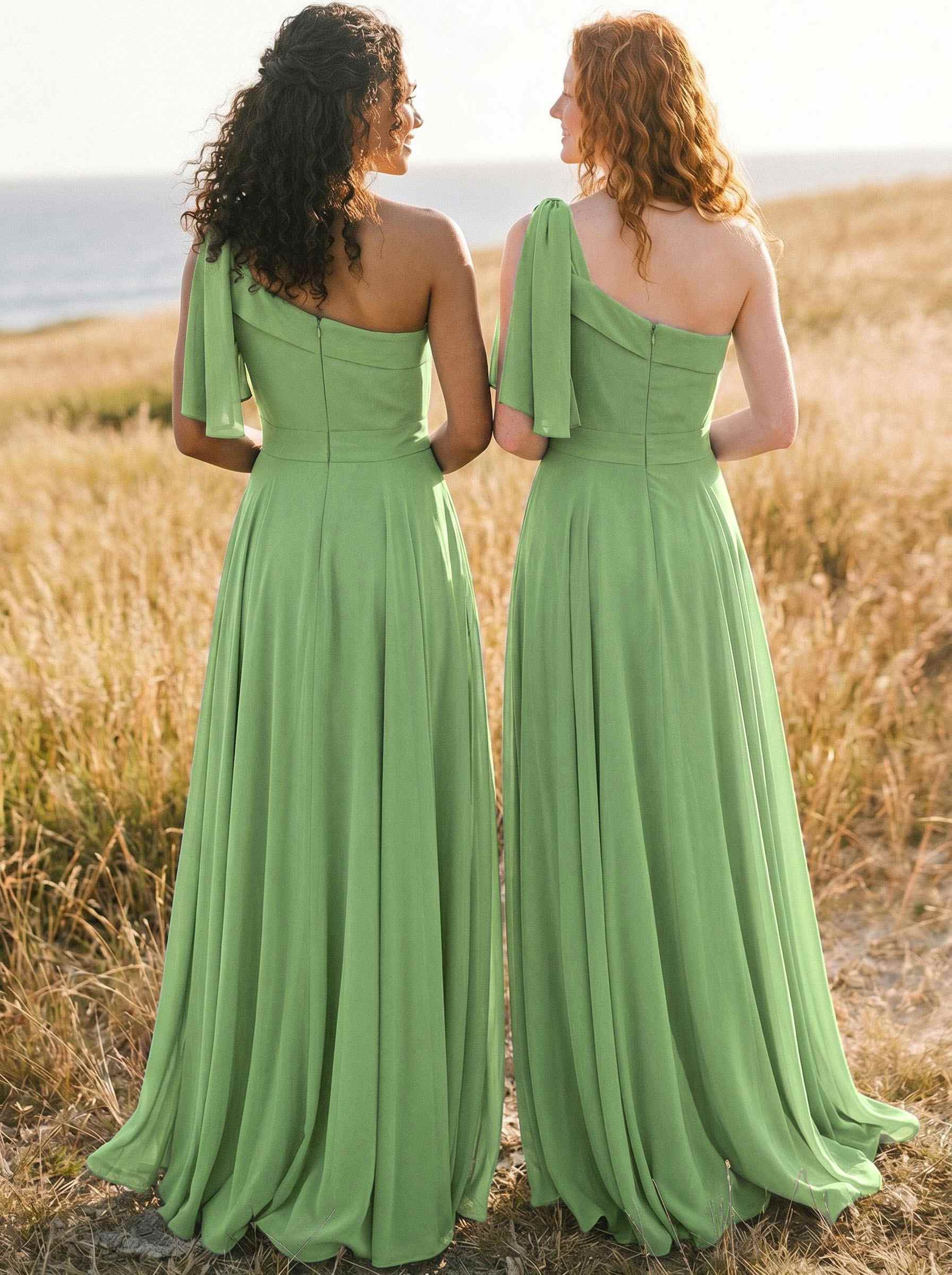 A-Line One-Shoulder Sleeveless Floor-Length Chiffon Bridesmaid Dresses With Bow(s)/Pockets, product image 135