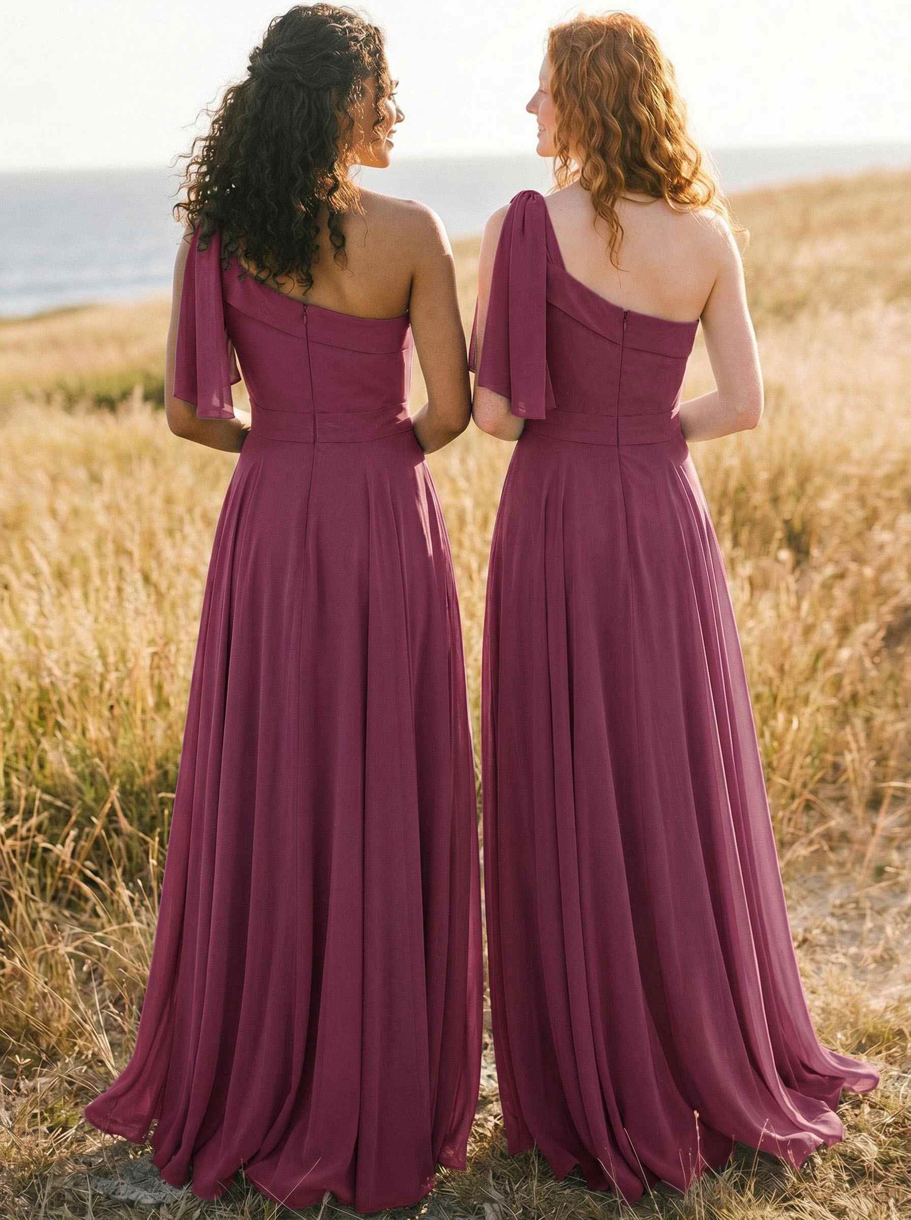 A-Line One-Shoulder Sleeveless Floor-Length Chiffon Bridesmaid Dresses With Bow(s)/Pockets, product image 35