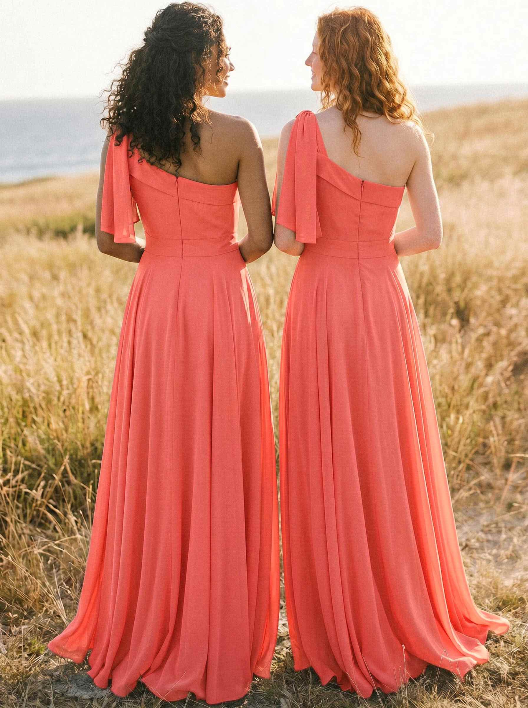 A-Line One-Shoulder Sleeveless Floor-Length Chiffon Bridesmaid Dresses With Bow(s)/Pockets, product image 109