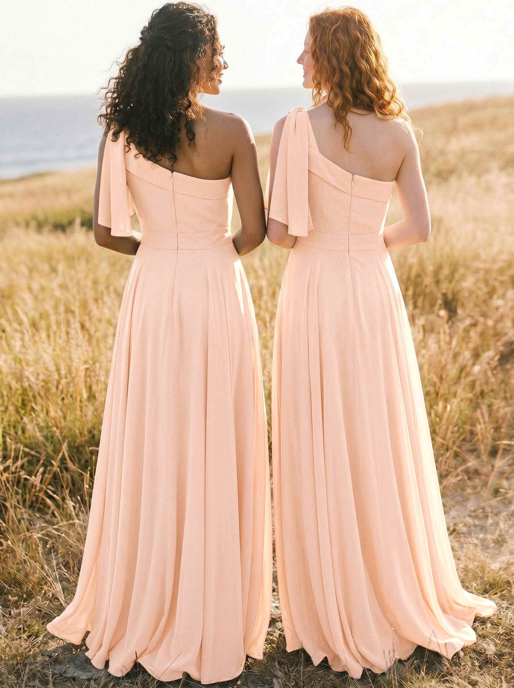 A-Line One-Shoulder Sleeveless Floor-Length Chiffon Bridesmaid Dresses With Bow(s)/Pockets, product image 45
