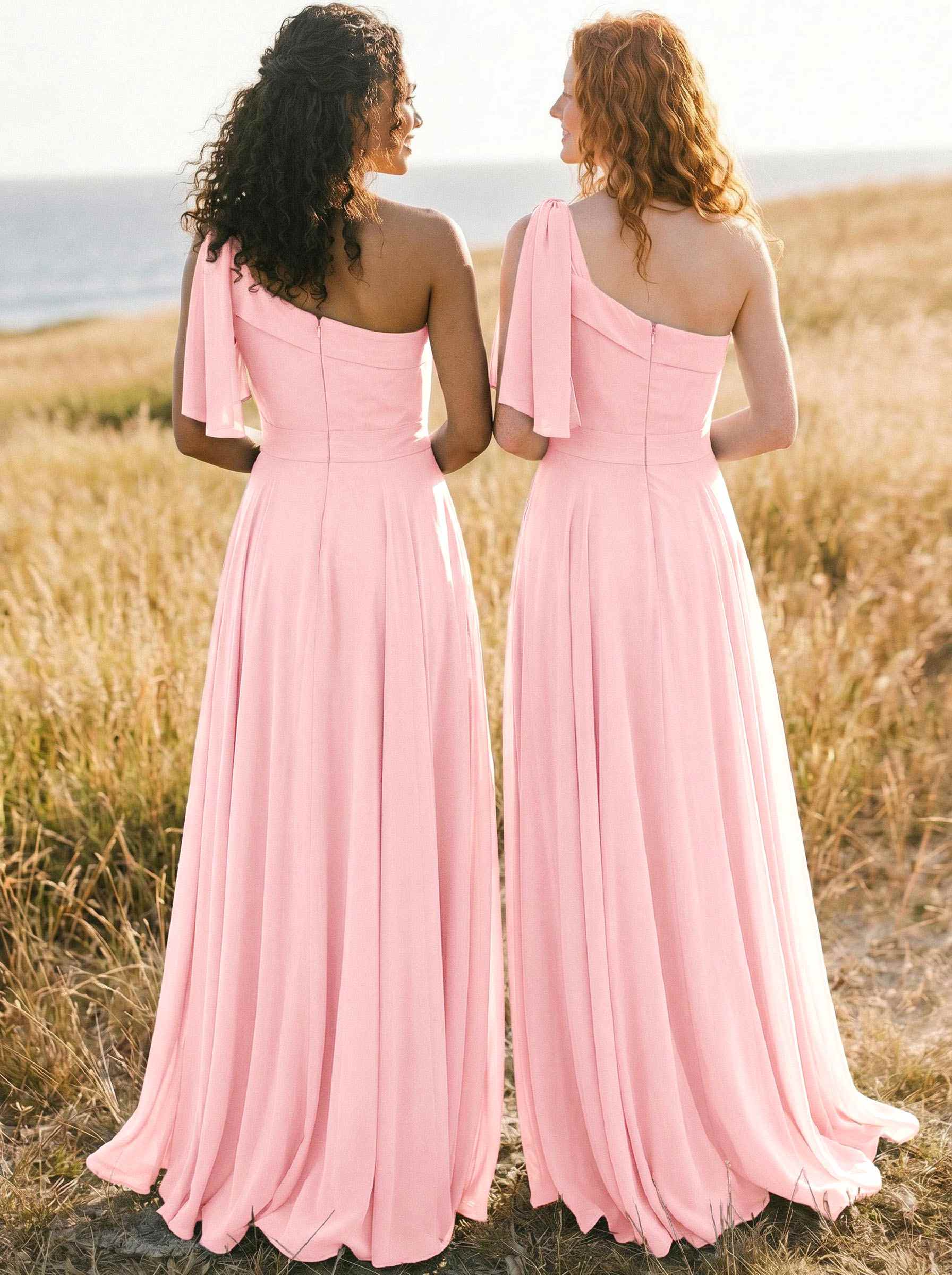 A-Line One-Shoulder Sleeveless Floor-Length Chiffon Bridesmaid Dresses With Bow(s)/Pockets, product image 49