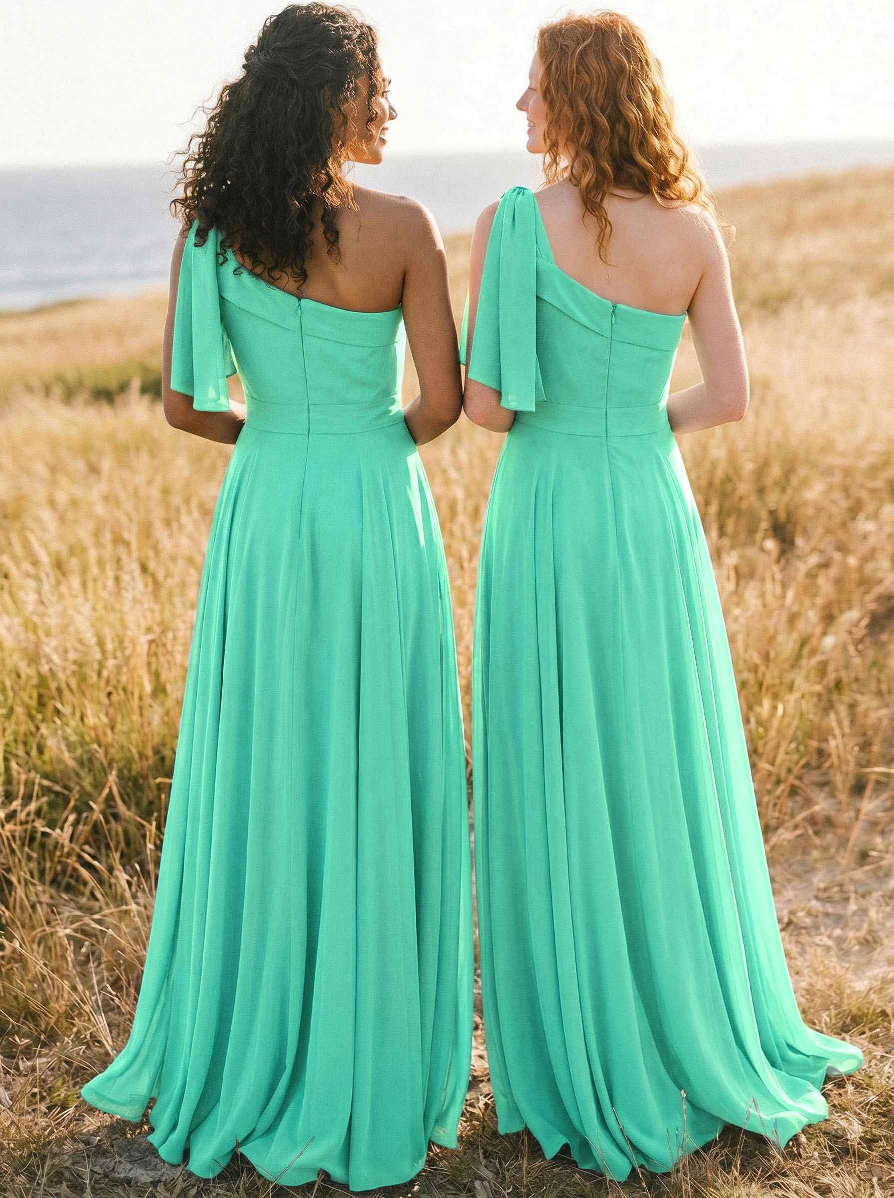A-Line One-Shoulder Sleeveless Floor-Length Chiffon Bridesmaid Dresses With Bow(s)/Pockets, product image 97
