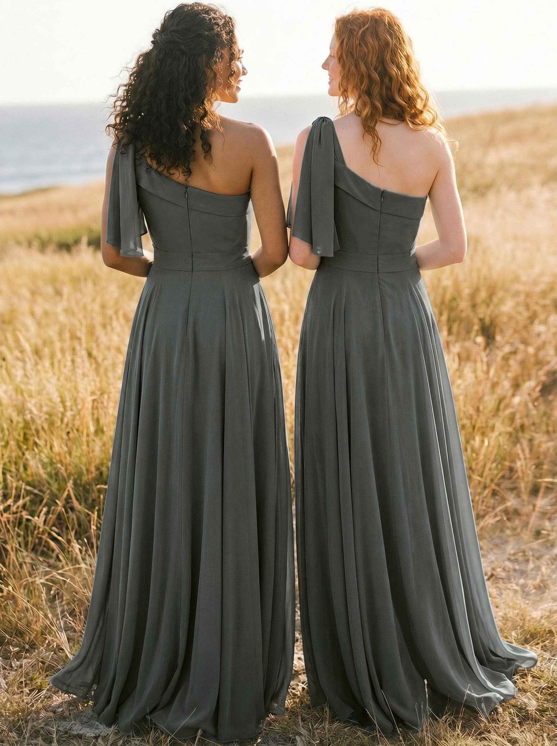 A-Line One-Shoulder Sleeveless Floor-Length Chiffon Bridesmaid Dresses With Bow(s)/Pockets, product image 119