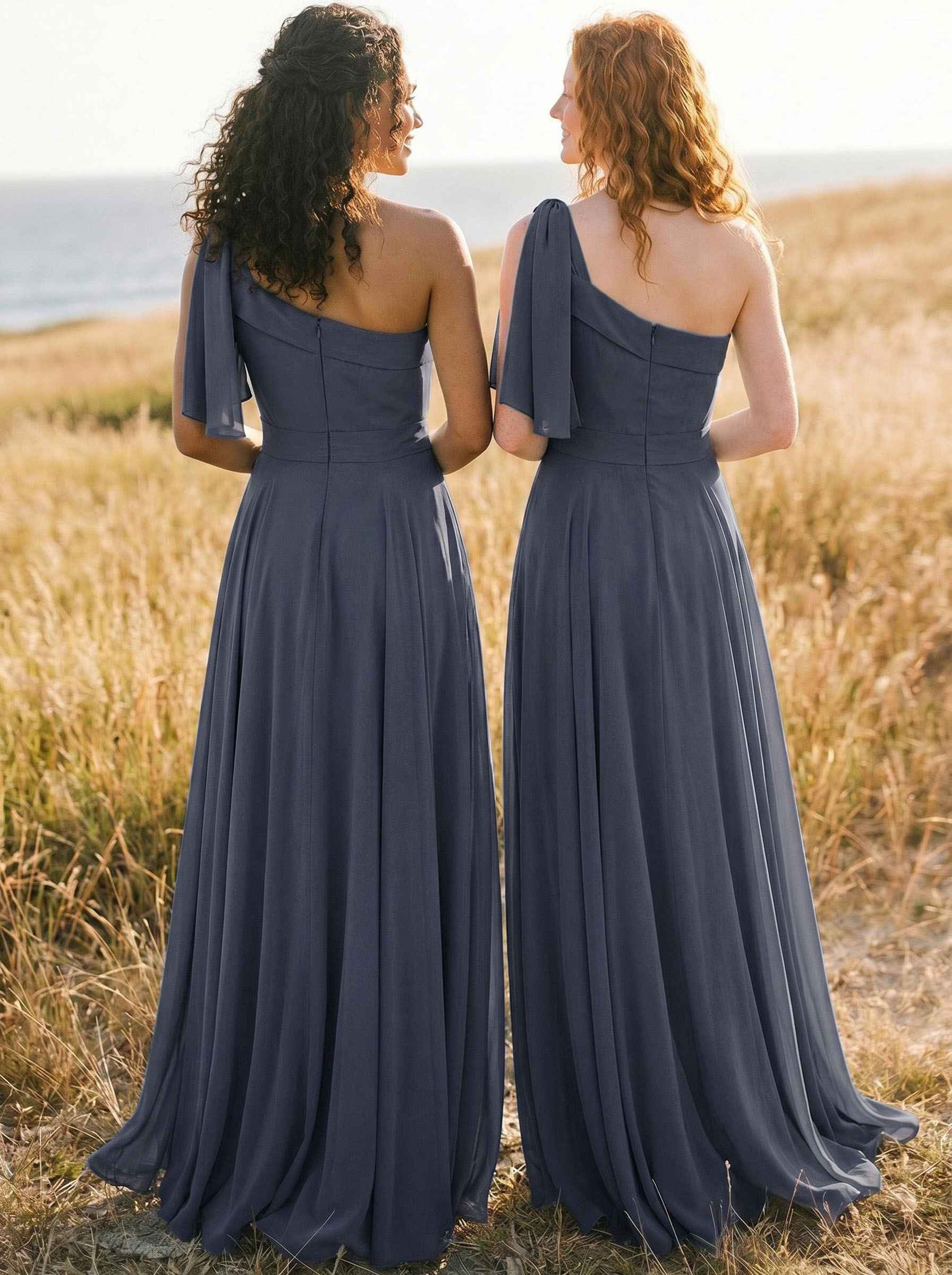 A-Line One-Shoulder Sleeveless Floor-Length Chiffon Bridesmaid Dresses With Bow(s)/Pockets, product image 13
