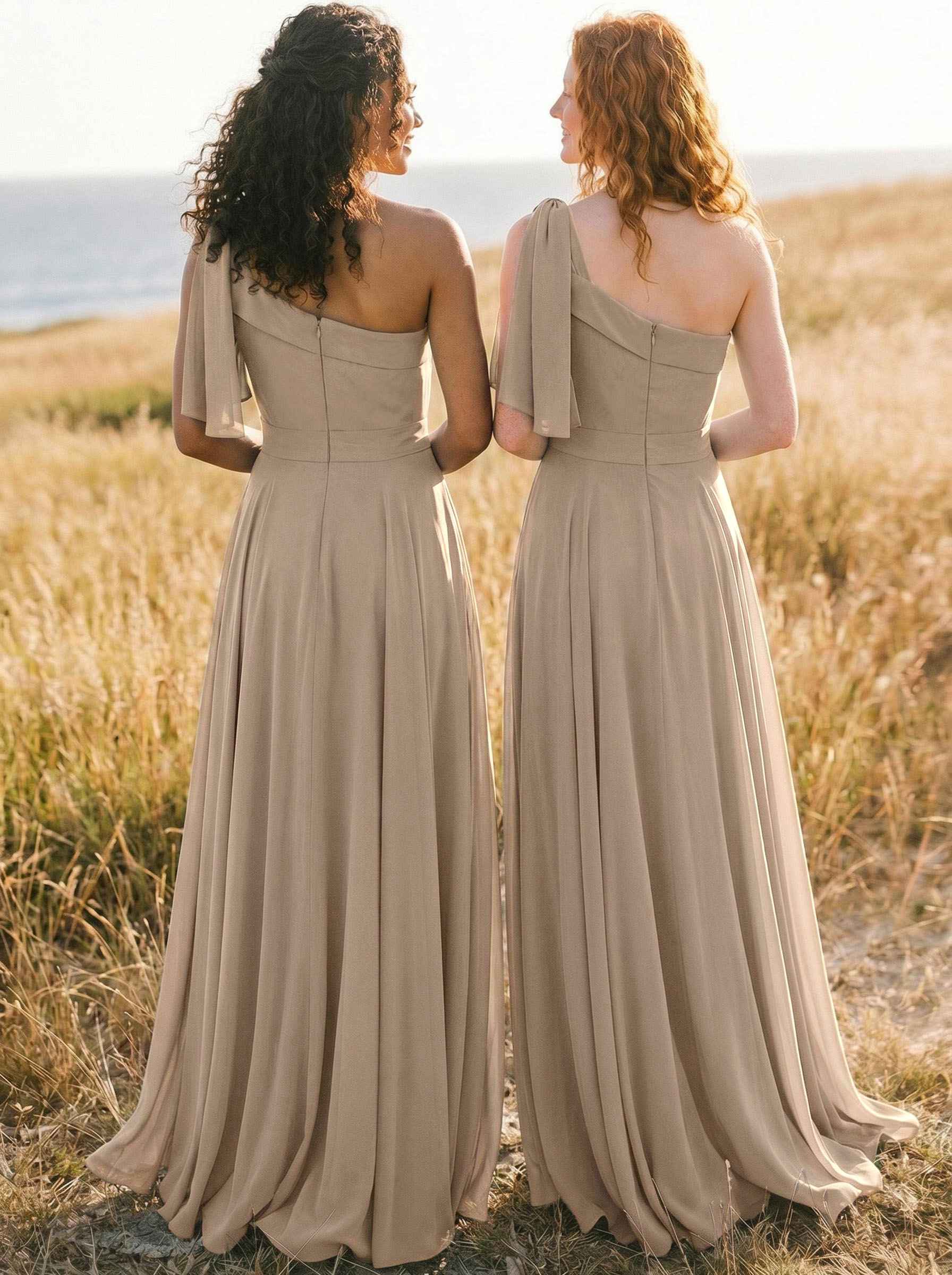 A-Line One-Shoulder Sleeveless Floor-Length Chiffon Bridesmaid Dresses With Bow(s)/Pockets, product image 101