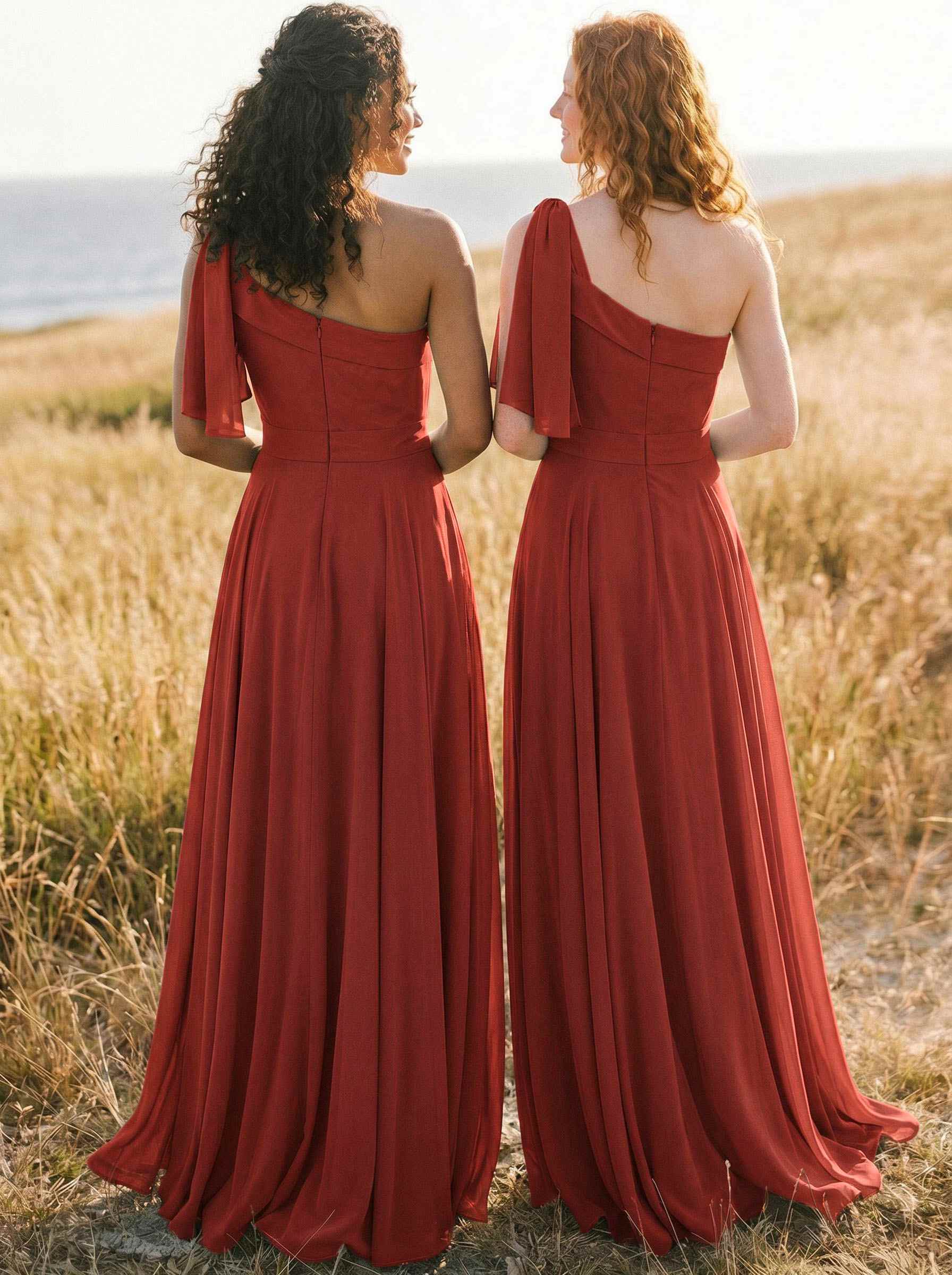 A-Line One-Shoulder Sleeveless Floor-Length Chiffon Bridesmaid Dresses With Bow(s)/Pockets, product image 39