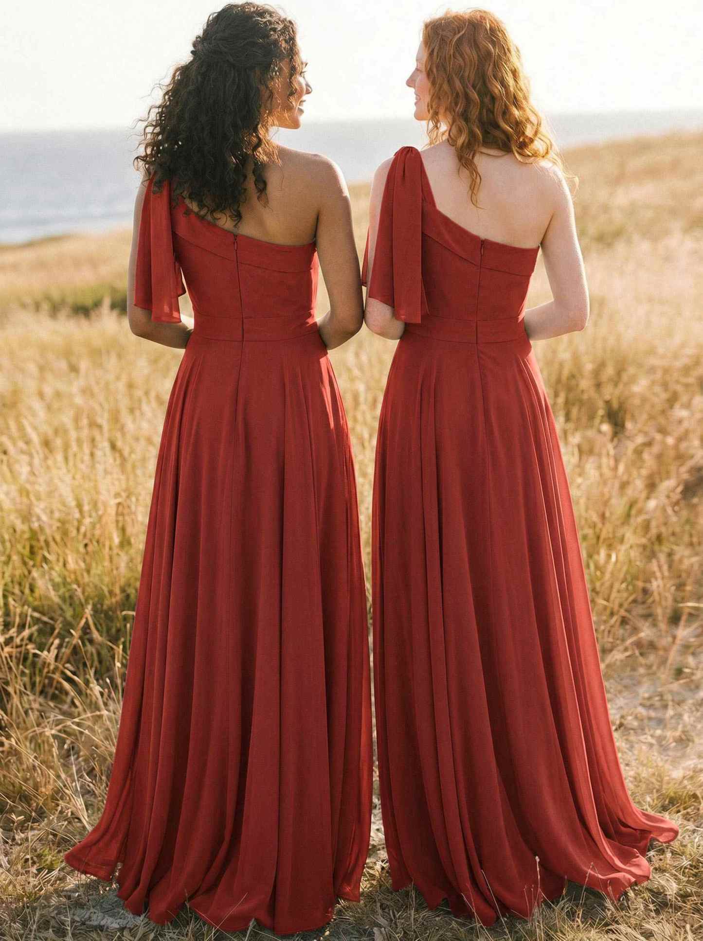 A-Line One-Shoulder Sleeveless Floor-Length Chiffon Bridesmaid Dresses With Bow(s)/Pockets, product image 39
