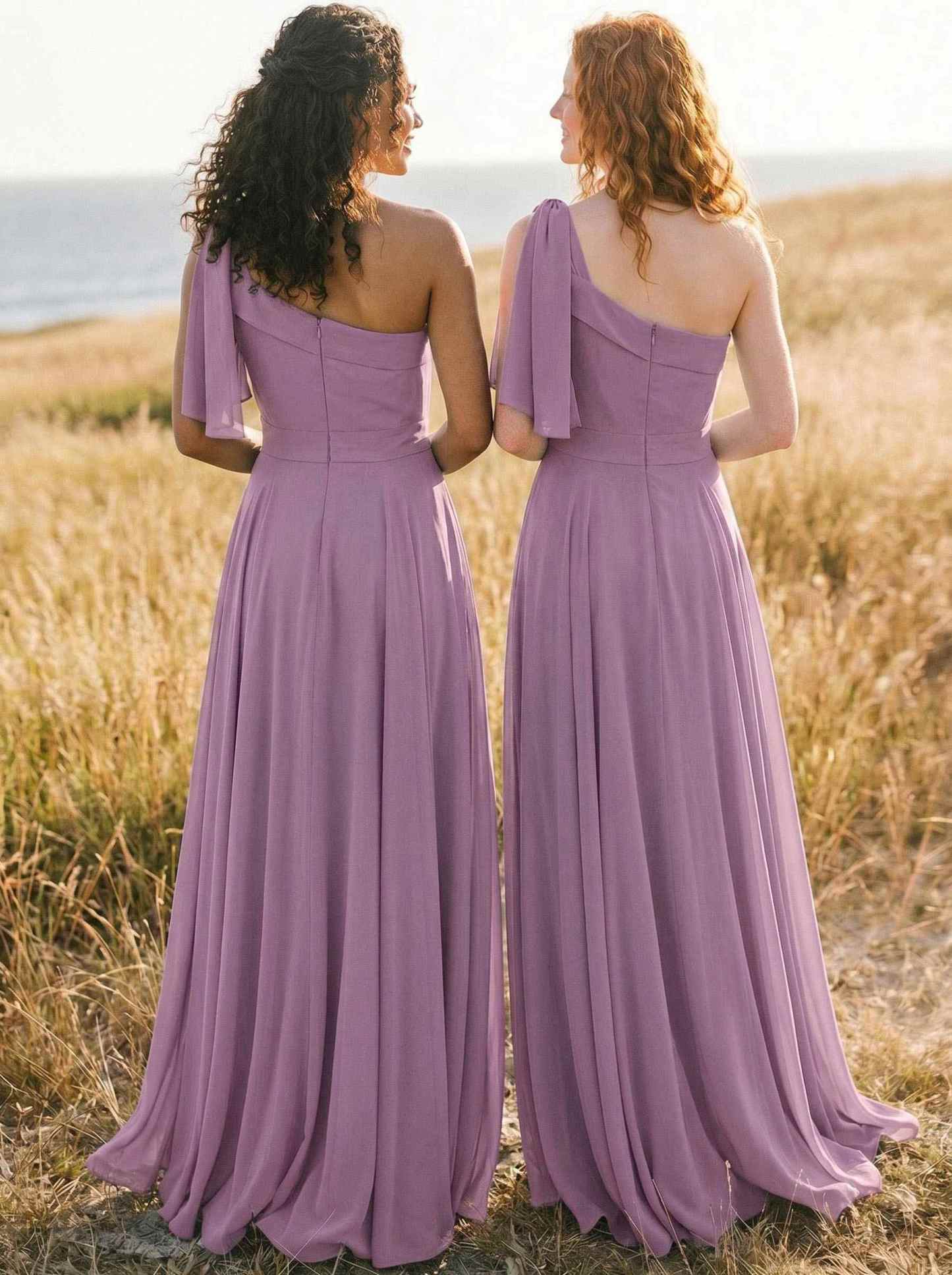 A-Line One-Shoulder Sleeveless Floor-Length Chiffon Bridesmaid Dresses With Bow(s)/Pockets, product image 59