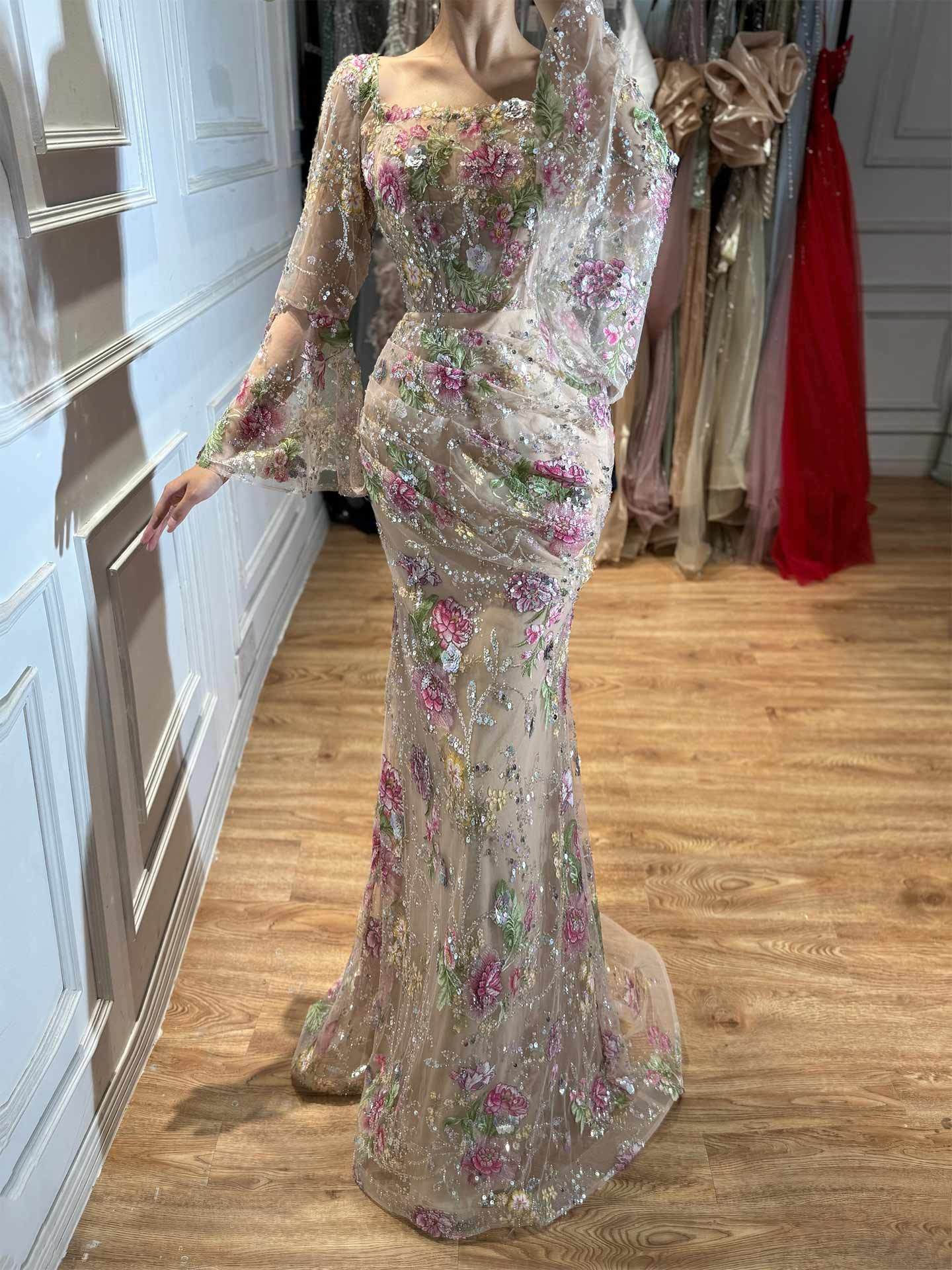 Trumpet/Mermaid Square Neckline Long Sleeves Sweep Train Lace/Tulle/Sequined Evening Dresses in As Picture, US2