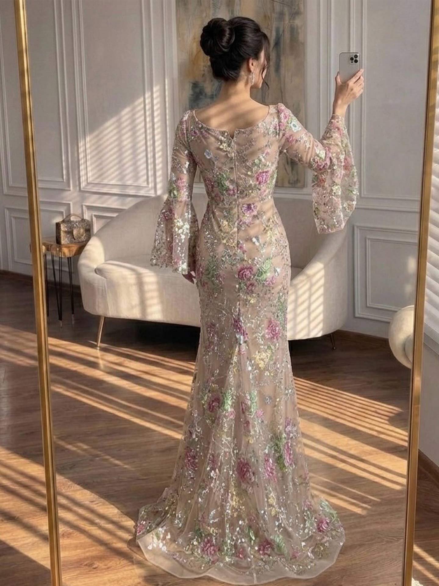 Trumpet/Mermaid Square Neckline Long Sleeves Sweep Train Lace/Tulle/Sequined Evening Dresses, supplier image 2