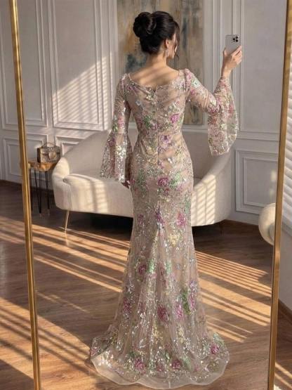 Trumpet/Mermaid Square Neckline Long Sleeves Sweep Train Lace/Tulle/Sequined Evening Dresses, supplier image 2