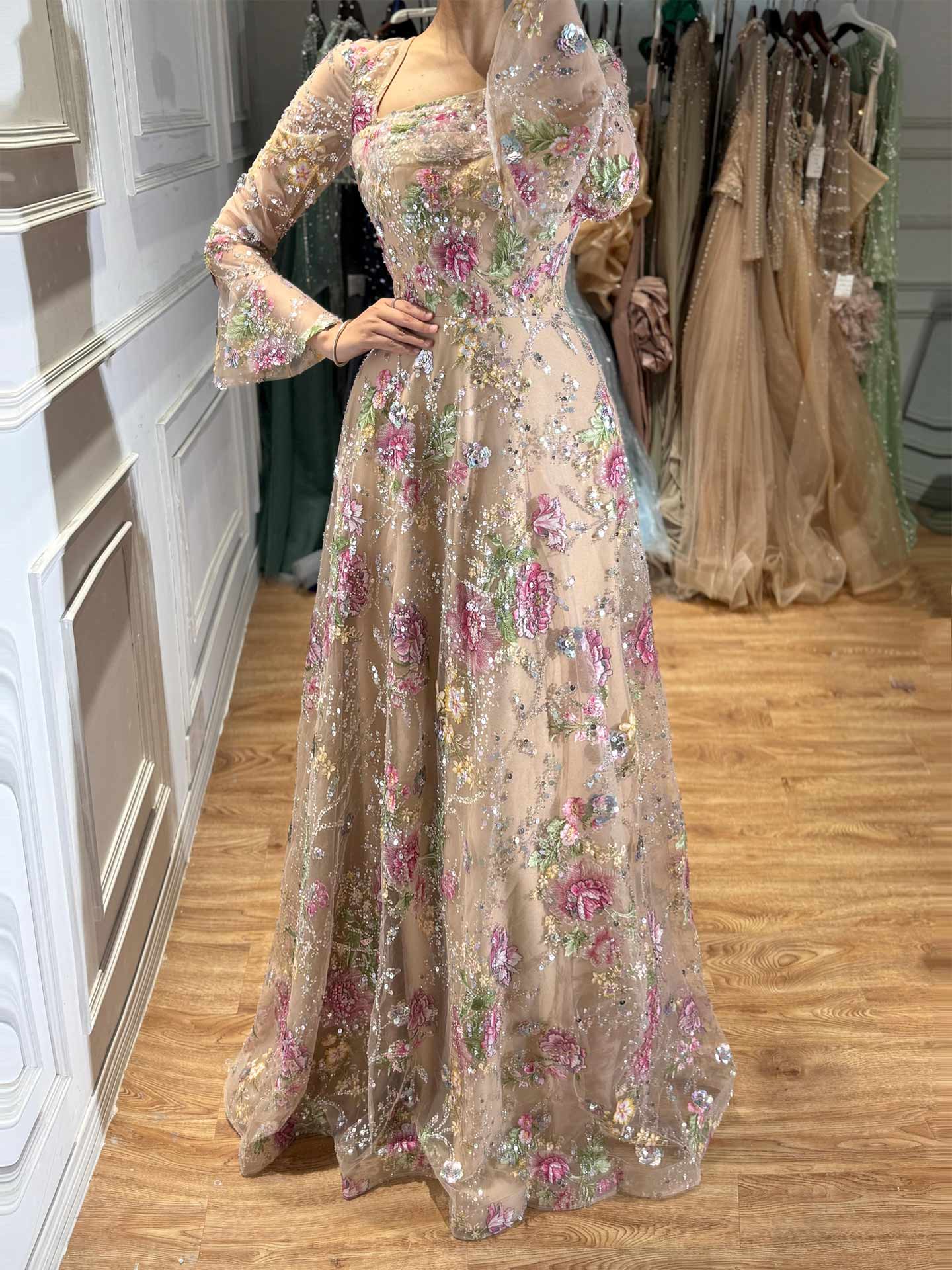 A-Line Square Neckline Long Sleeves Sweep Train Lace/Tulle/Sequined Evening Dresses in As Picture, US2