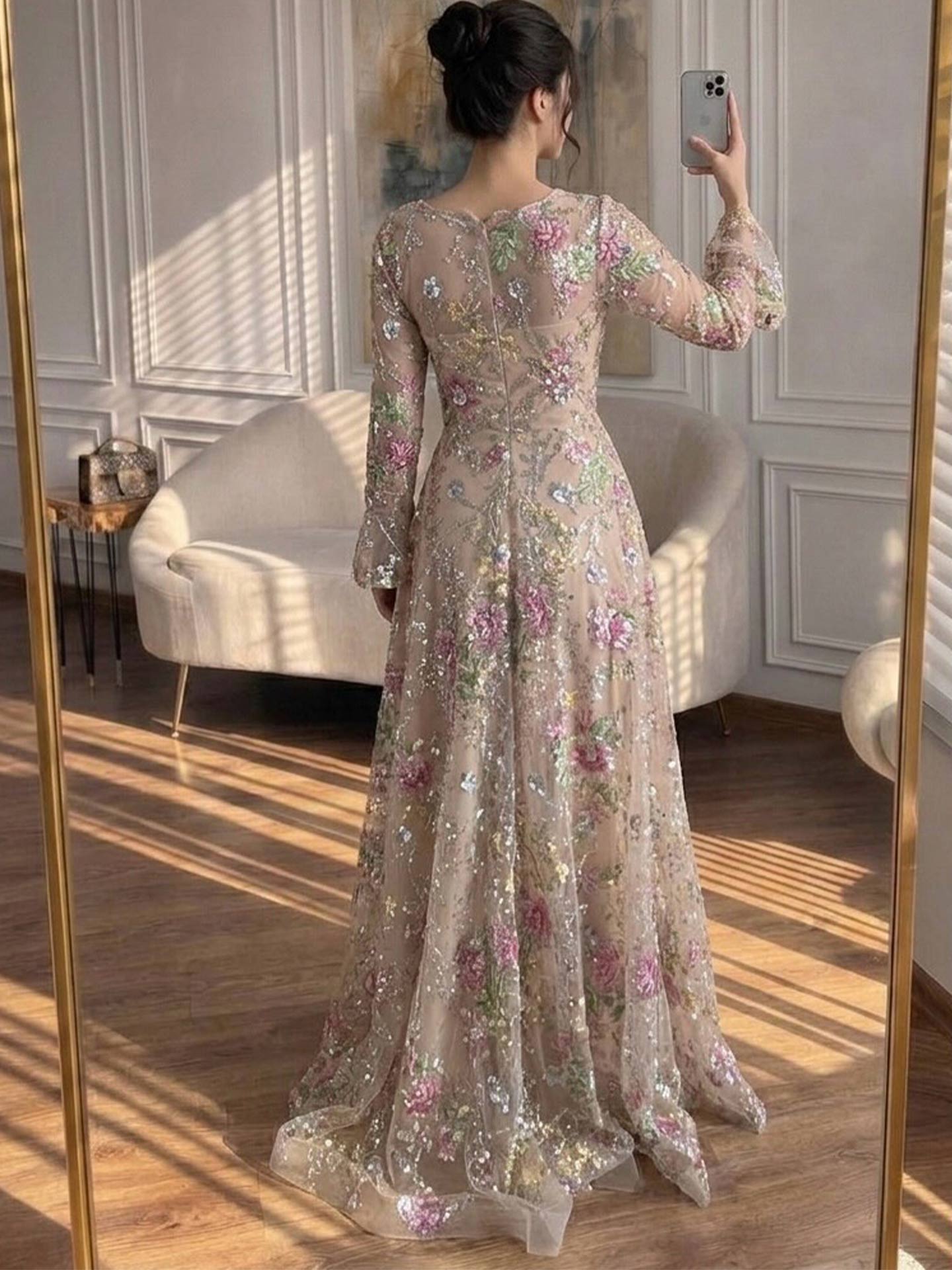 A-Line Square Neckline Long Sleeves Sweep Train Lace/Tulle/Sequined Evening Dresses, supplier image 2