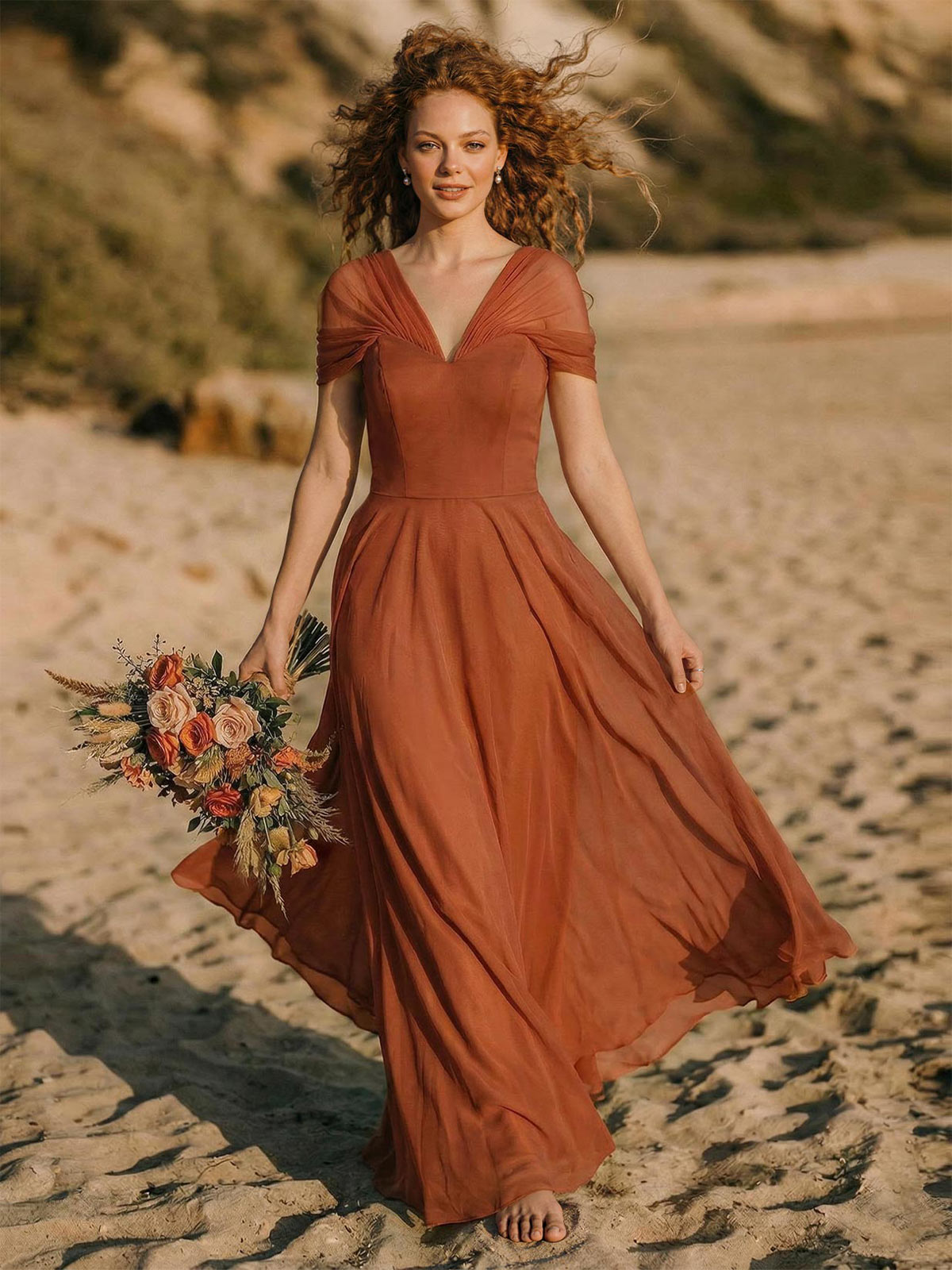 Elegant A-Line V-Neck Sleeveless Floor-Length Chiffon Bridesmaid Dresses, product image 1