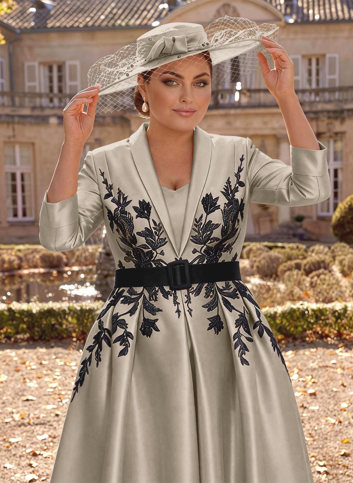Ball-Gown V-Neck 3/4 Sleeves Tea-Length Satin Mother Of The Bride Dresses With Flower(s)