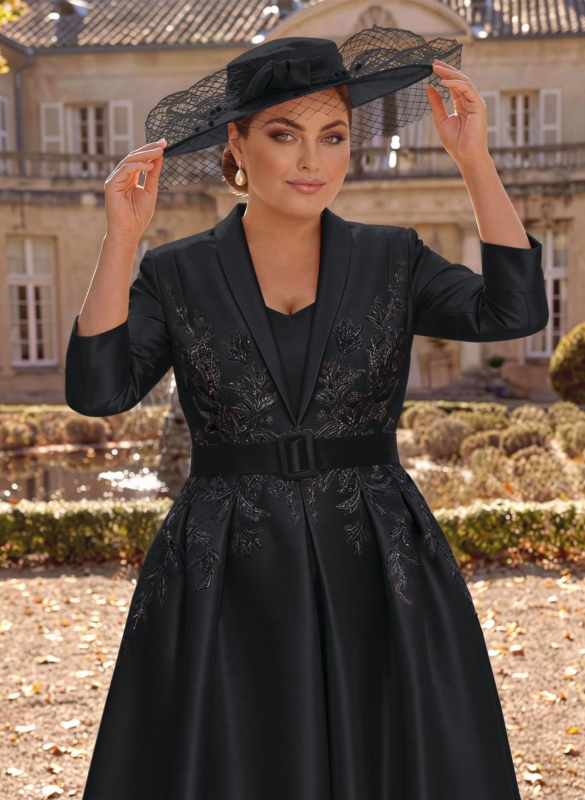 Ball-Gown V-Neck 3/4 Sleeves Tea-Length Satin Mother Of The Bride Dresses With Flower(s)