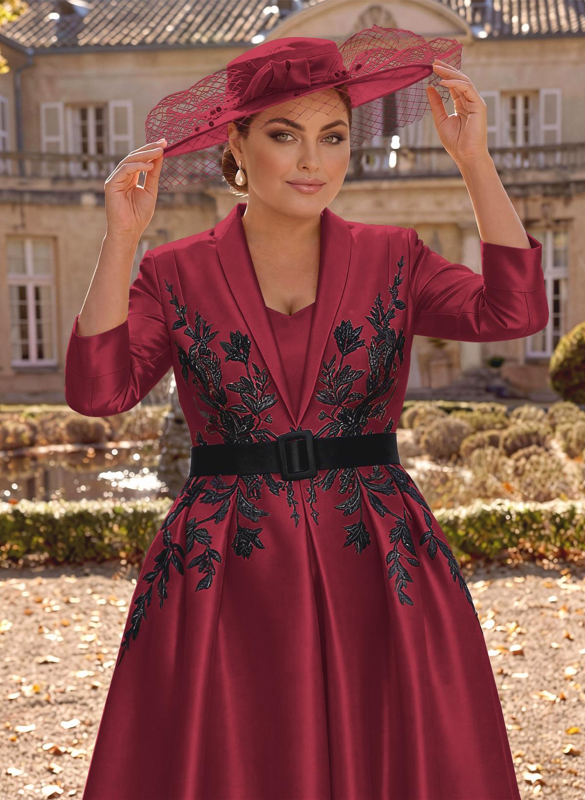 Ball-Gown V-Neck 3/4 Sleeves Tea-Length Satin Mother Of The Bride Dresses With Flower(s)