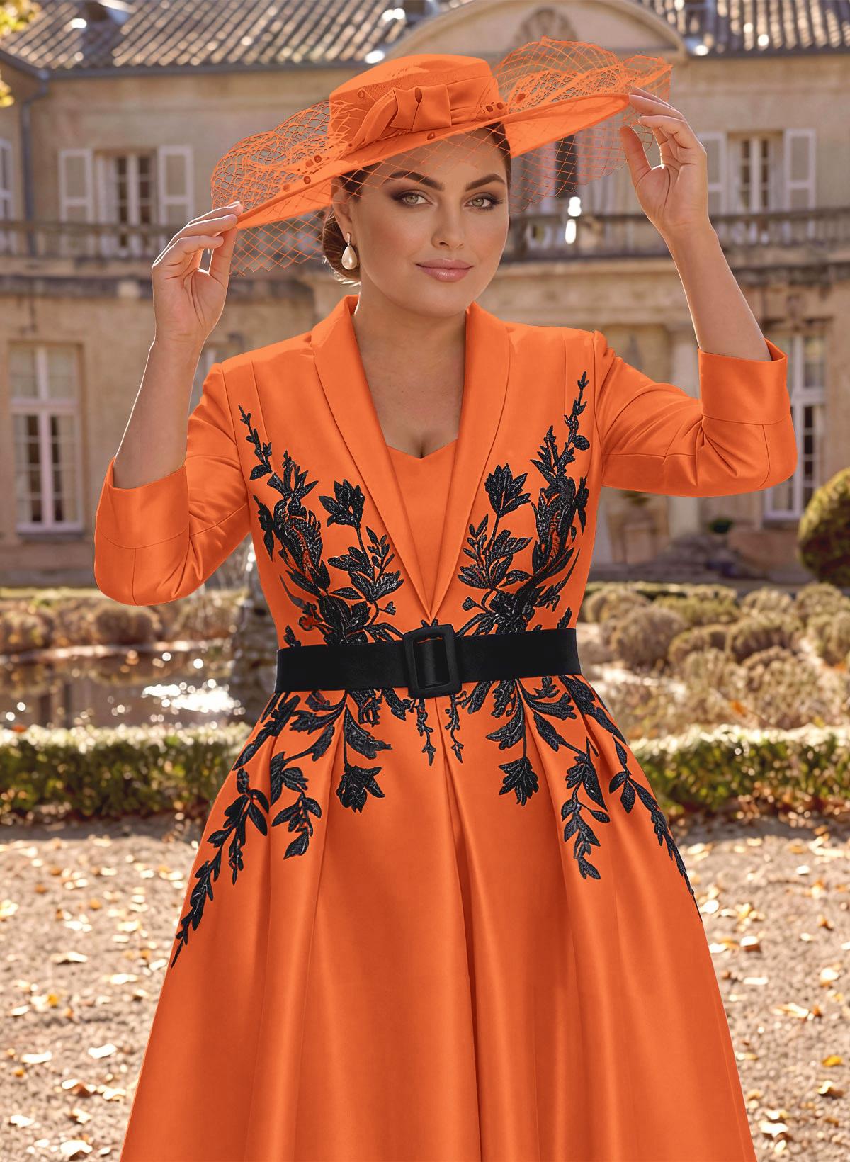 Ball-Gown V-Neck 3/4 Sleeves Tea-Length Satin Mother Of The Bride Dresses With Flower(s)