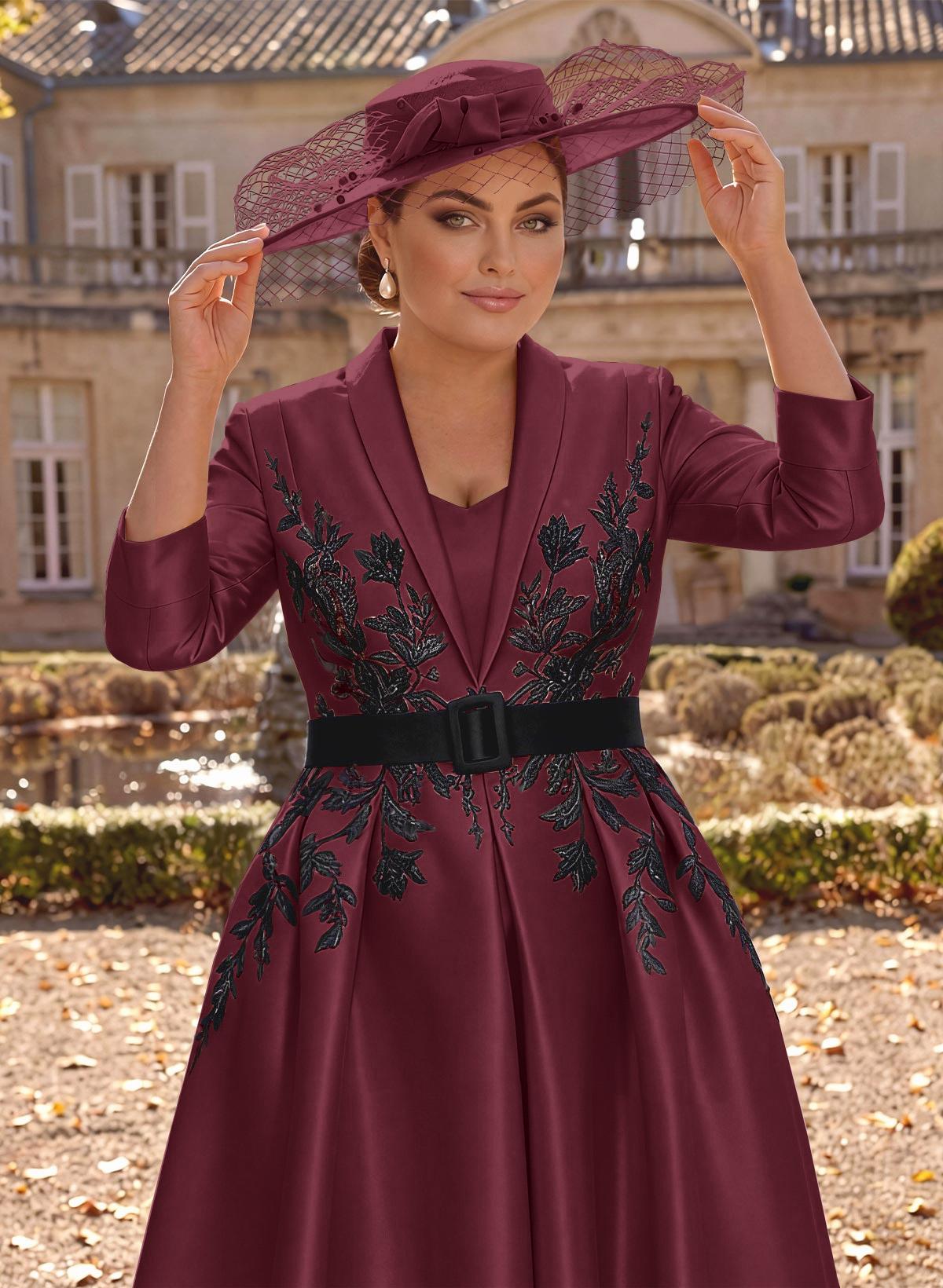 Ball-Gown V-Neck 3/4 Sleeves Tea-Length Satin Mother Of The Bride Dresses With Flower(s)