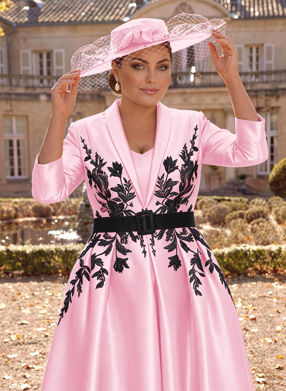 Ball-Gown V-Neck 3/4 Sleeves Tea-Length Satin Mother Of The Bride Dresses With Flower(s)