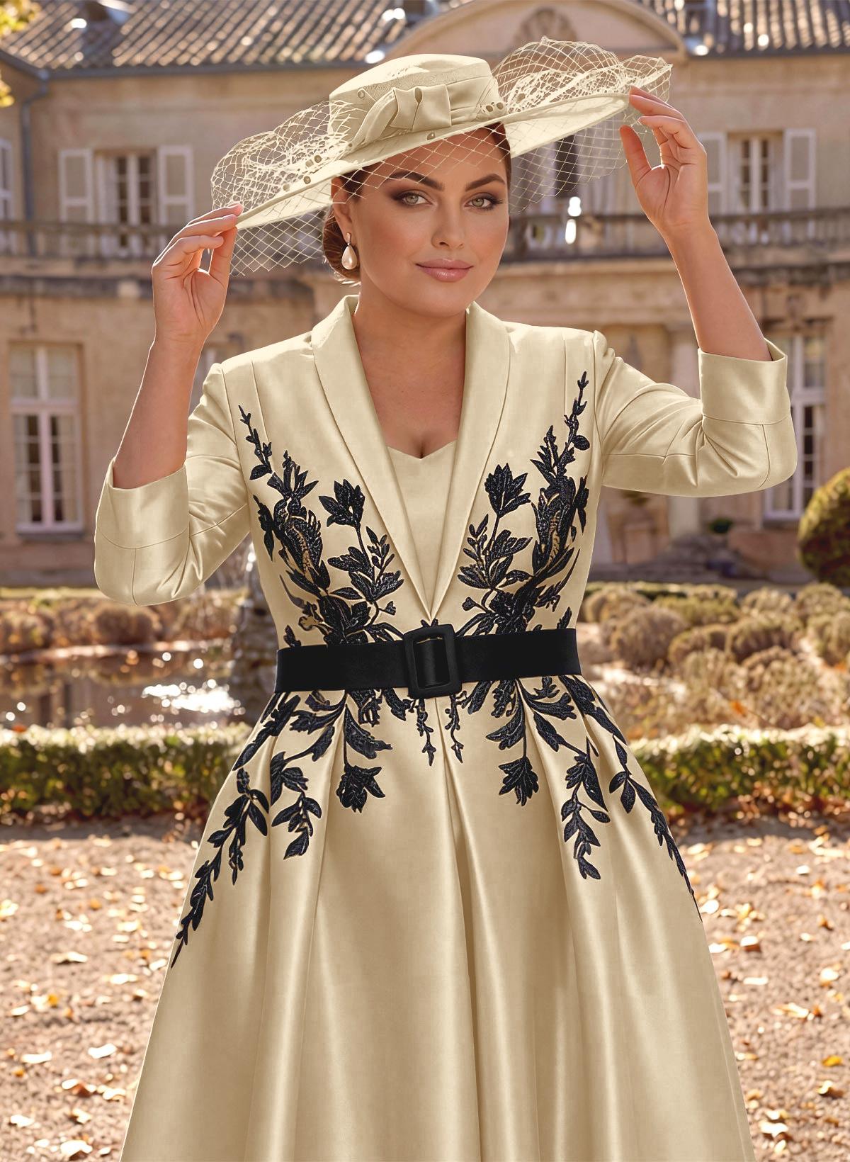 Ball-Gown V-Neck 3/4 Sleeves Tea-Length Satin Mother Of The Bride Dresses With Flower(s)